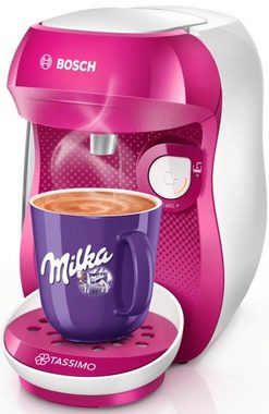 TASSIMO Kapselmaschine Happy TAS1001, über 70 Getränke, platzsparend, vollautomatisch, geeignet für alle Tassen, Wassertank 0,7 L, Weiß/Rosa