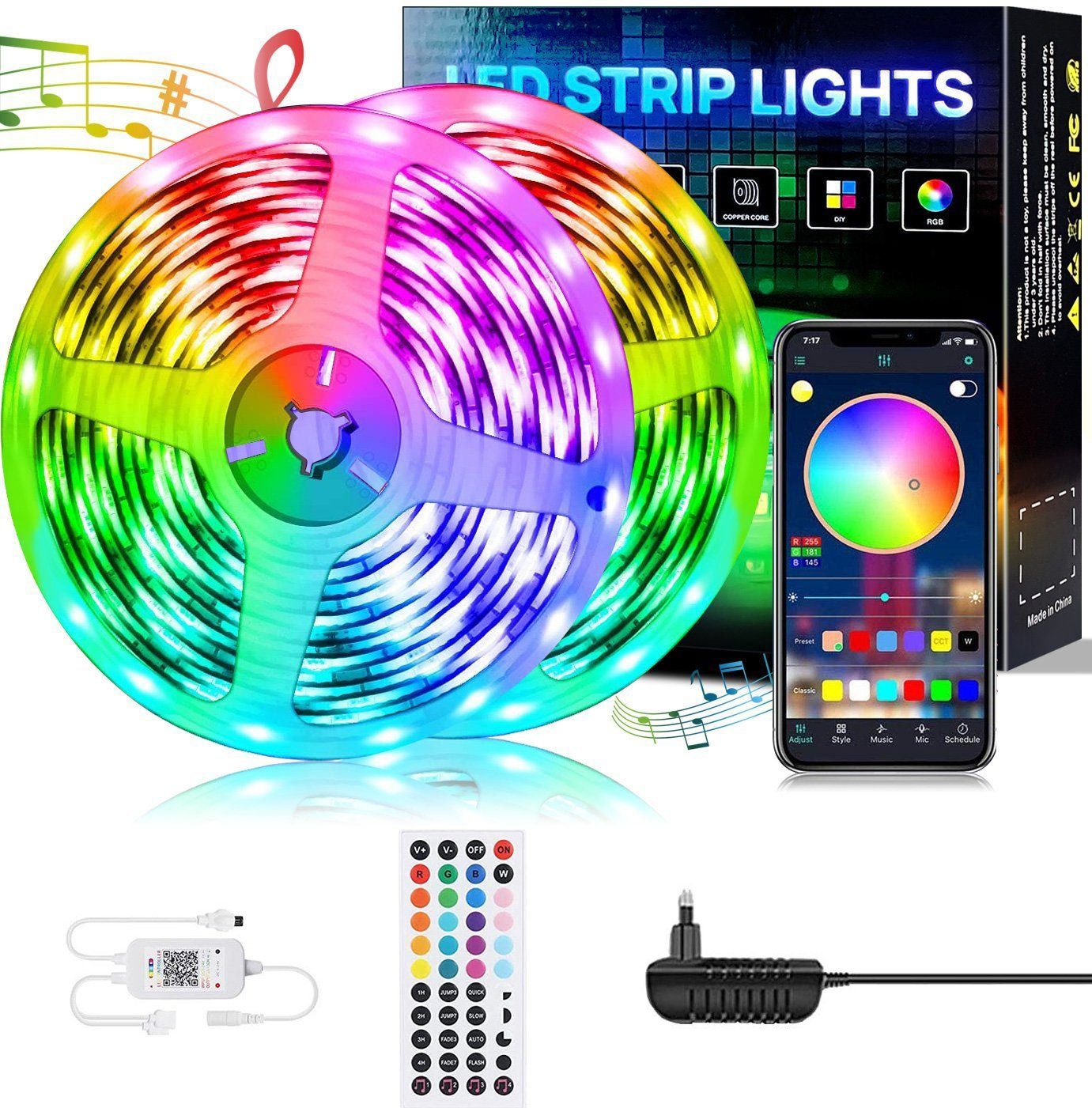 LED Bluetooth Oneid Gesamtlänge Strip LED Lichtleiste Streifen 15M,RGB Stripe LED