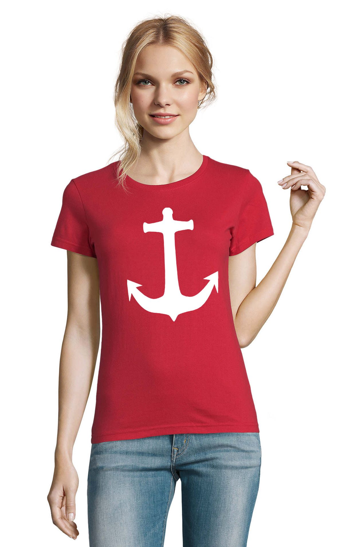 Blondie & Brownie T-Shirt Damen Anker Motiv T Shirt Maritime Baumwolle Freizeit Stil Damen T-Shirt Anker Print Maritim Baumwolle Freizeitshirt Rundhals
