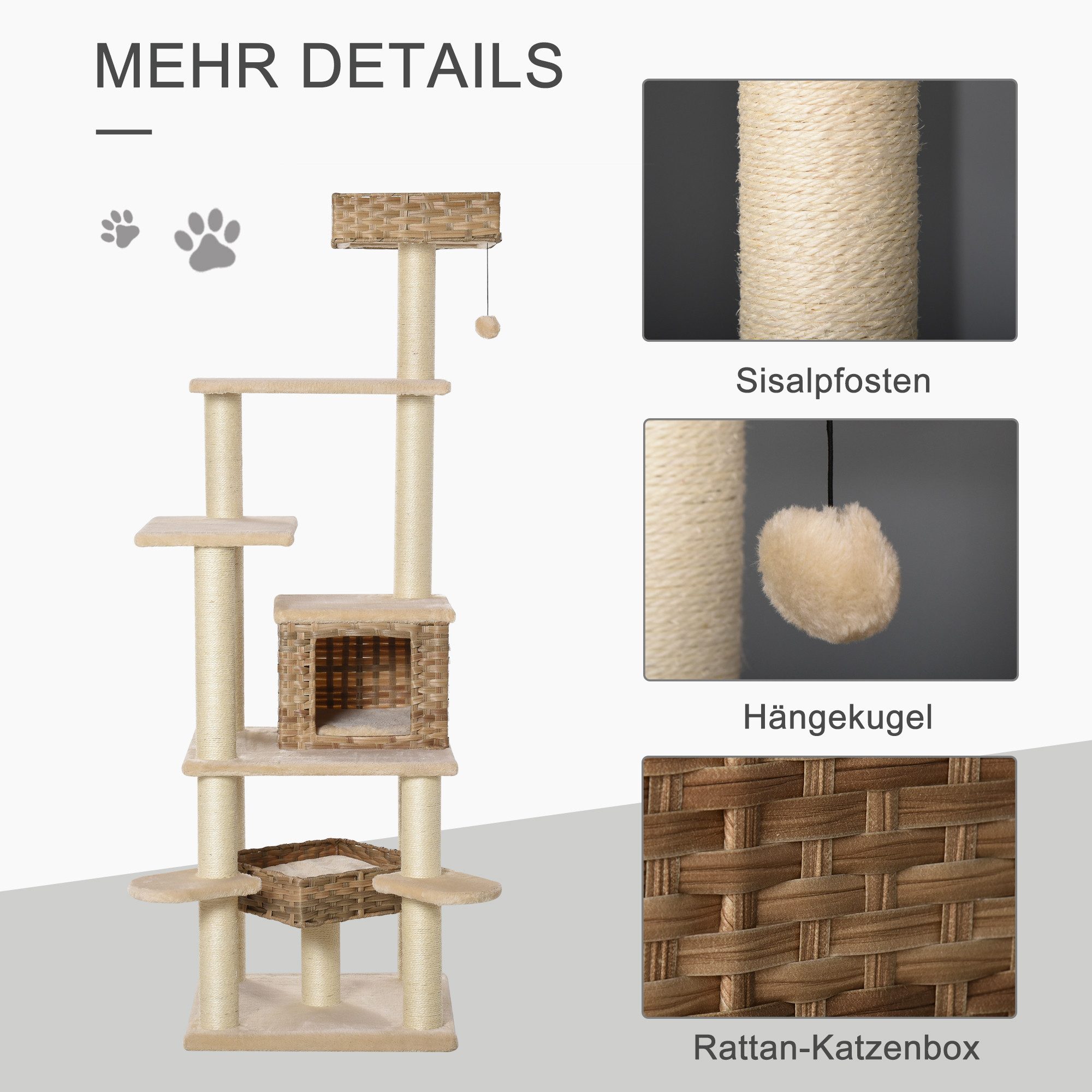 PawHut Kratzbaum Rattan mit Katzenhöhle Mehrstufiger Katzenbaum E1 MDF Sisal, 55L x 55B x 174H cm – Bild 5 von 5
