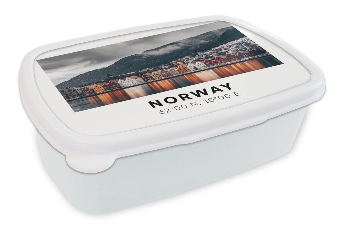 MuchoWow Lunchbox Norwegen - Häuser - See, Kunststoff, (2-tlg), Brotbox für Kinder und Erwachsene, Brotdose, für Jungs und Mädchen weiß