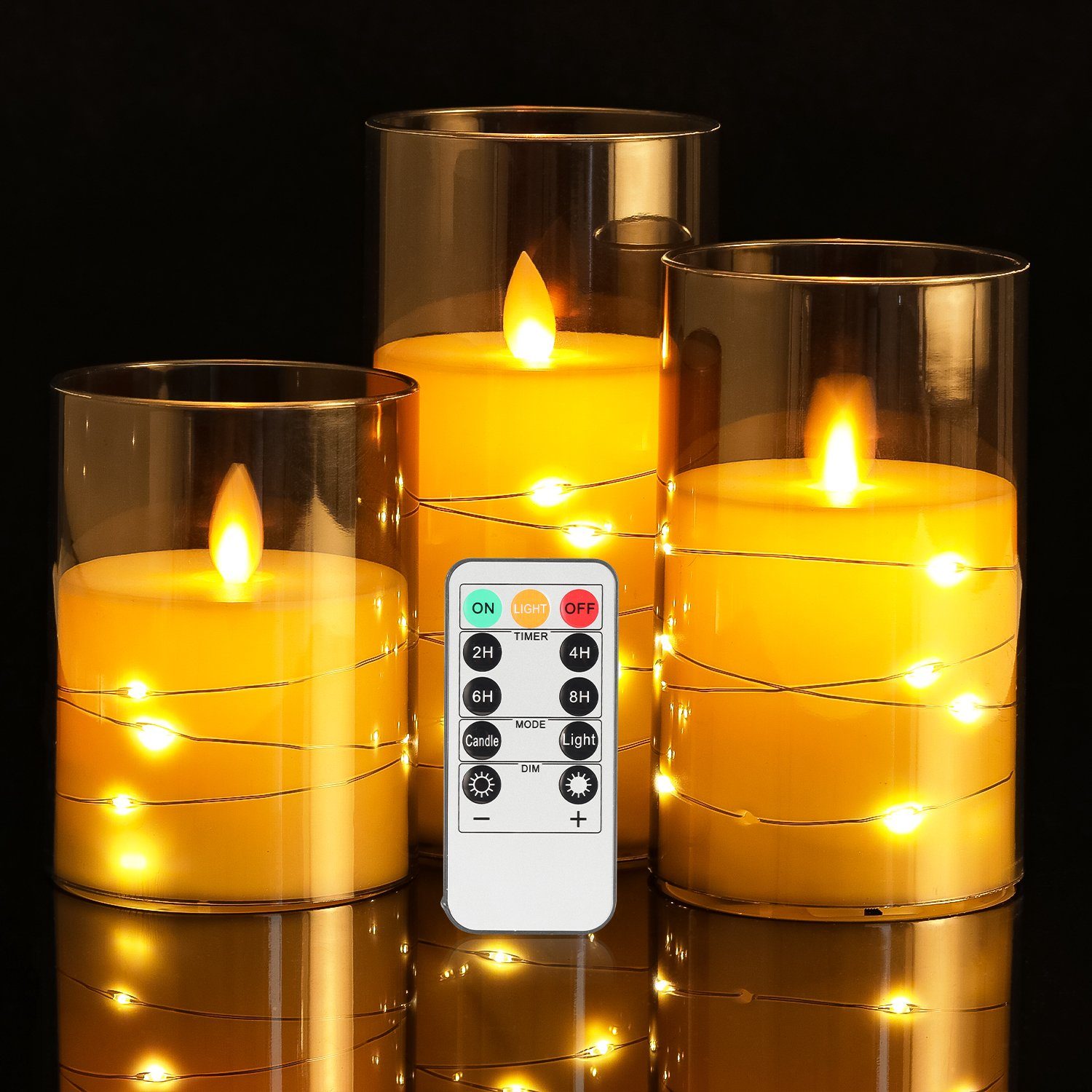iscooter LED-Kerze LED Funktion LED-Flamme Fernbedienung, &10-Tasten Timer tanzender 10/12/15cm mit Glas Kerzen Timing-Funktion mit 3er-Set, Fernbedienung