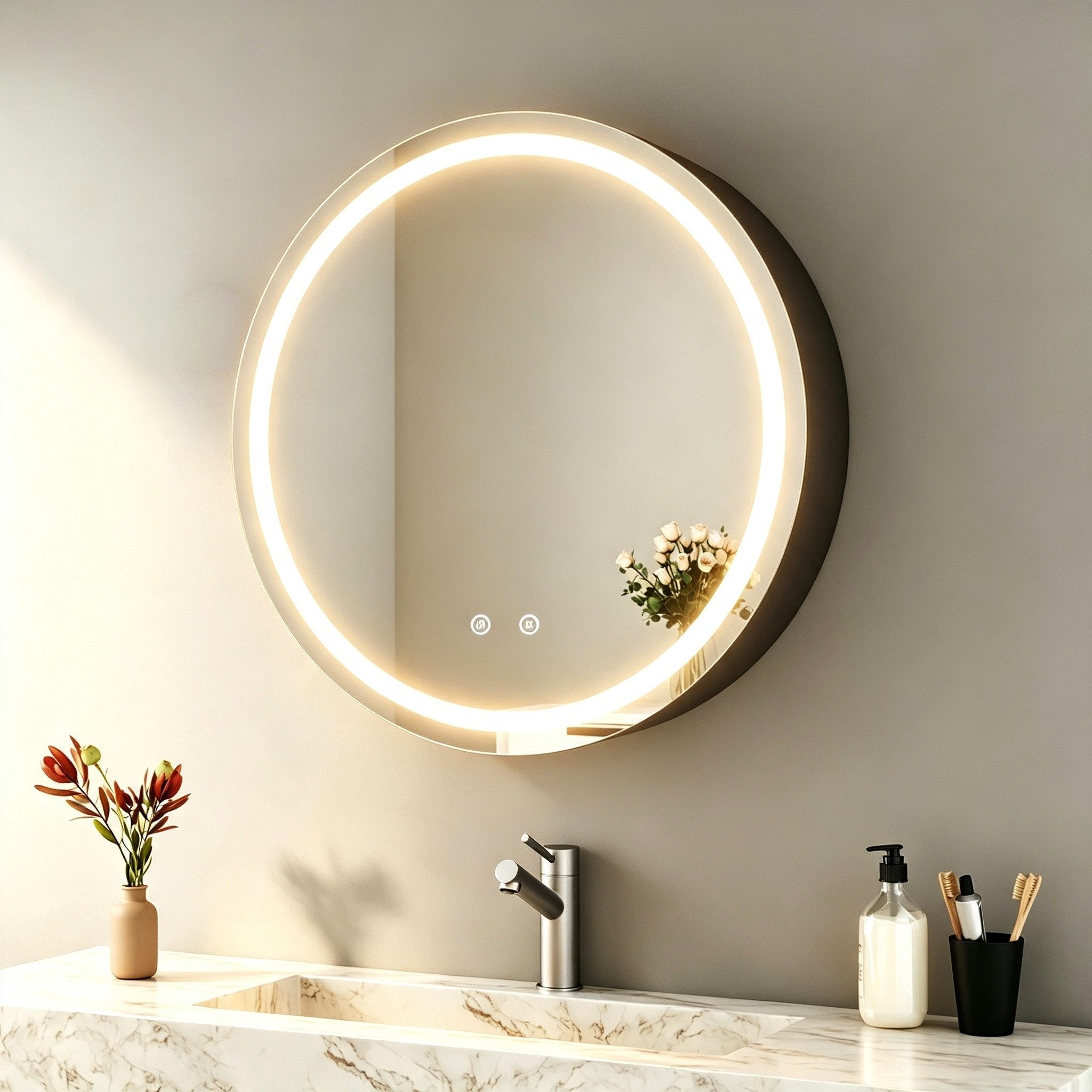 WDWRITTI Spiegelschrank Bad mit Beleuchtung Badezimmerspiegelschrank mit LED ∅80cm, ∅60cm (Wandschrank Badezimmer Rund 60x60cm 80x80cm, 3Lichtfarben, Dimmbar, Anti-fog, Speicherfunktion) Metall Schrank, Stahlblechregale, mit Netzadapter, IP44