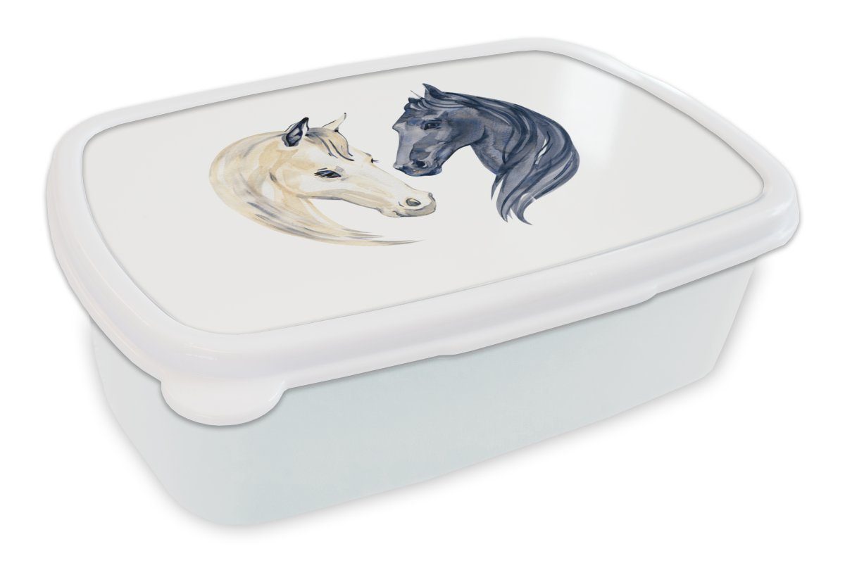 MuchoWow Lunchbox Pferde - Aquarell - Weiß - Mädchen - Kinder - Mädchen, Kunststoff, (2-tlg), Brotbox für Kinder und Erwachsene, Brotdose, für Jungs und Mädchen