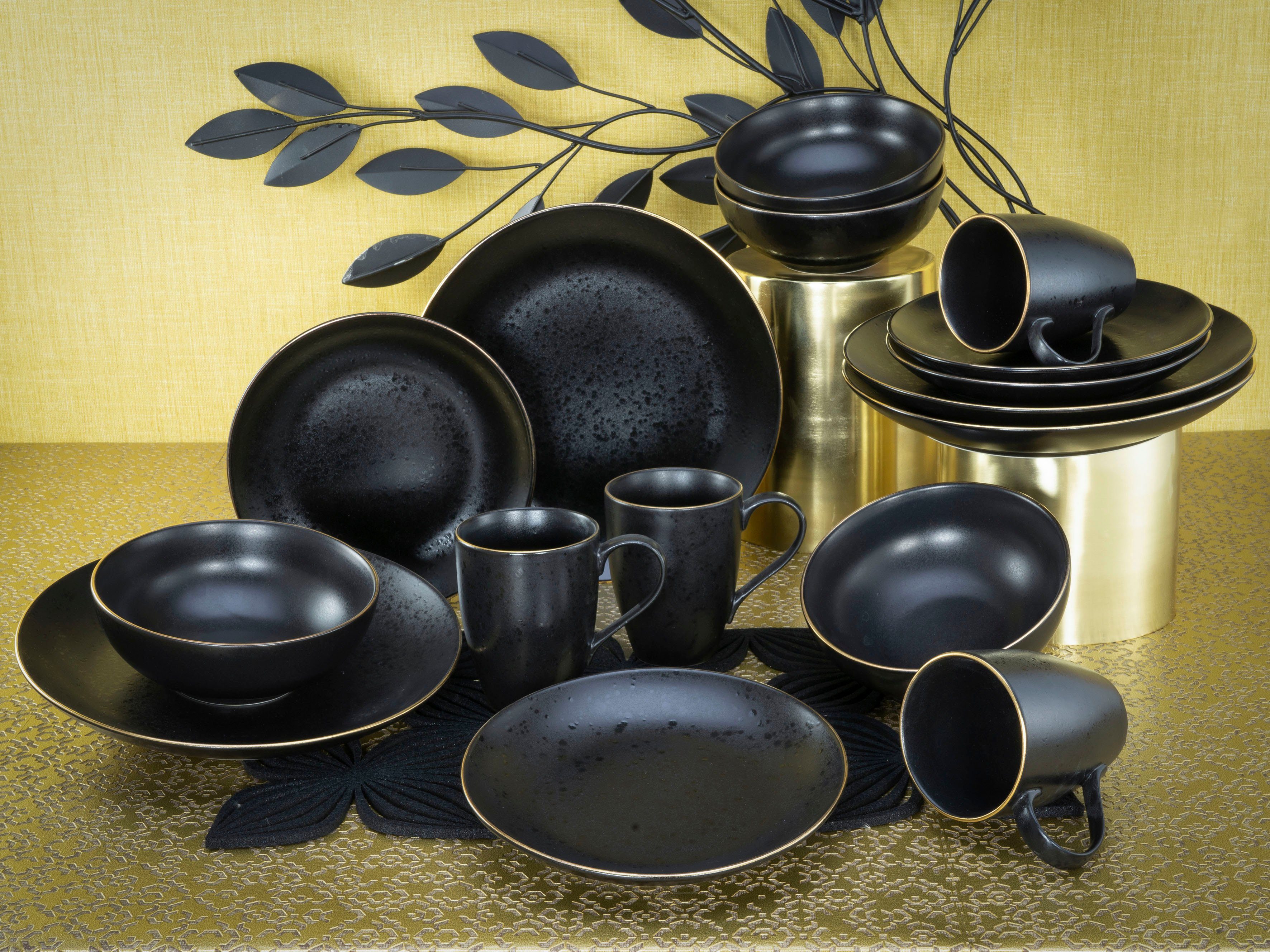 CreaTable Kombiservice Geschirr-Set Industrial (16-tlg), 4 Personen, Steinzeug, Service, schwarze, Goldrand, 16 Teile, für 4 Personen