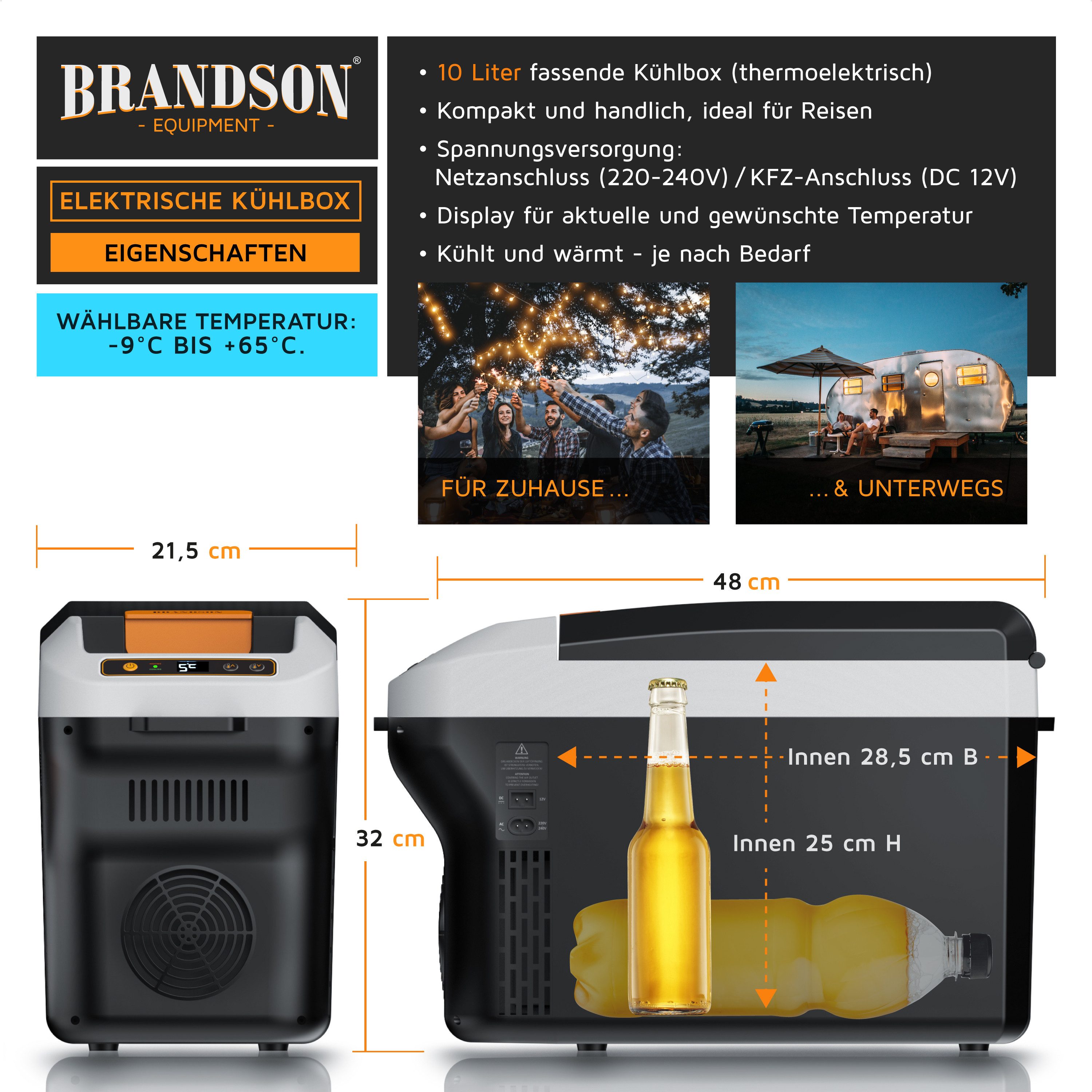 Brandson Elektrische Kühlbox elektrisch, 10L - kühlt & wärmt, 230 V Netzspannung & 12 V KFZ Auto, 10 l, Heizen max. 65°C, Kühlen 20°C unter Umgebungstemperatur
