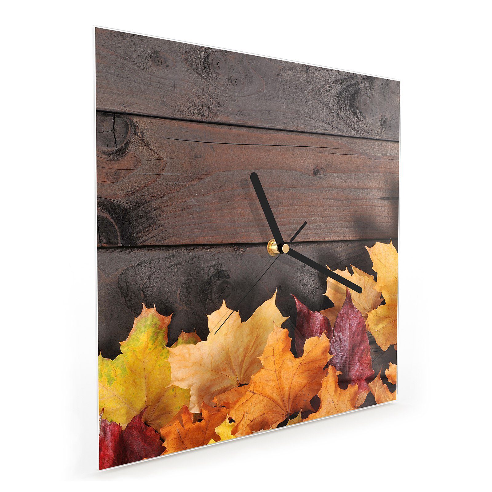 Primedeco Wanduhr Glasuhr auf x Tisch Wanduhr mit Herbstlaub cm Motiv Größe 30 30 Wandkunst