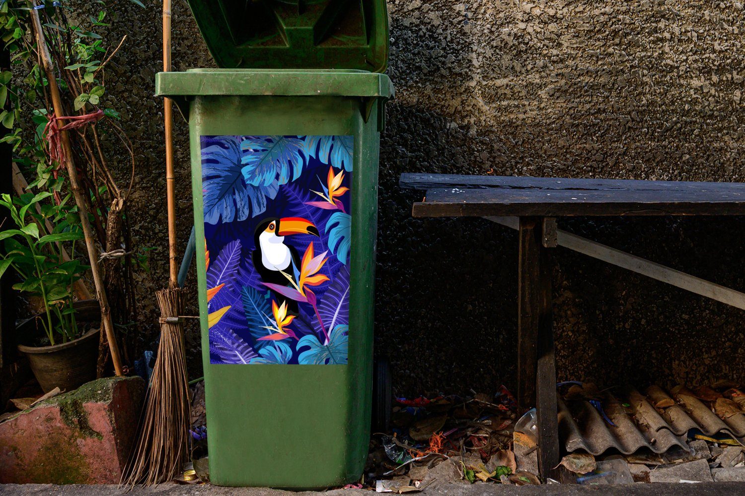 Abfalbehälter - Sticker, (1 - Kinder St), MuchoWow Tukan Mülltonne, Dschungel Blumen - Tiere Lila Container, - - - Pflanzen Mülleimer-aufkleber, Wandsticker