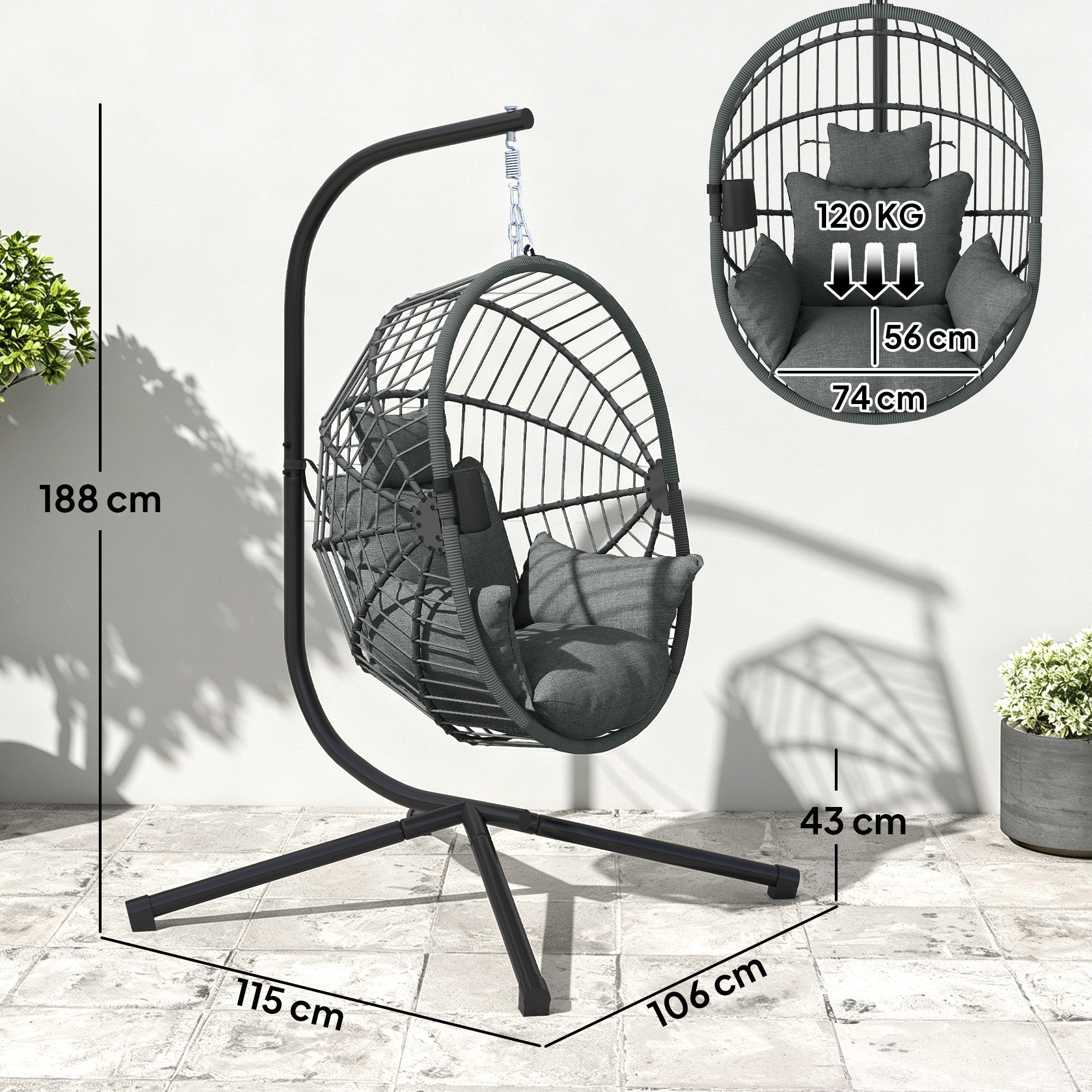 Outsunny Hängesessel Hängeschaukel mit Kissen, Hängestuhl mit Klappbarem (Sitzkorb, 1-St., Becherhalter), Rattanoptik für Indoor, Outdoor, bis 120 kg Belastbar, Stahl, Grau