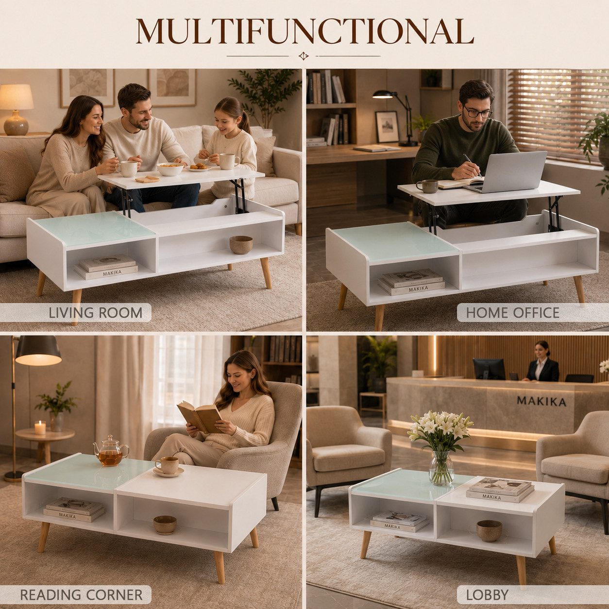 Makika Ablagetisch Couchtisch Wohnzimmertisch mit Glas ausziehbar in Weiß – Bild 5 von 5