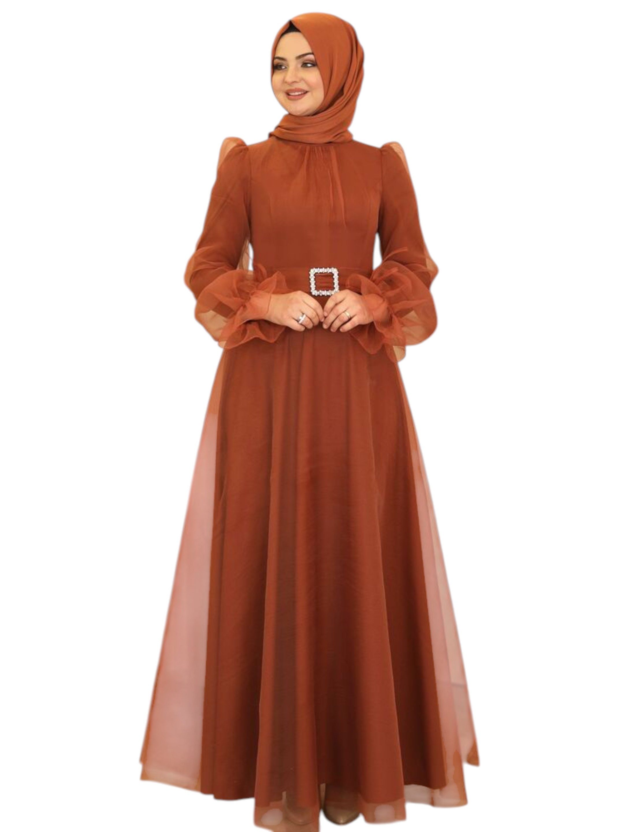 Modavitrini Abendkleid Damen Tüll Maxikleid Langarm – Festkleid mit Gürtel Modest Fashion Gürtel mit Schmucksteinen