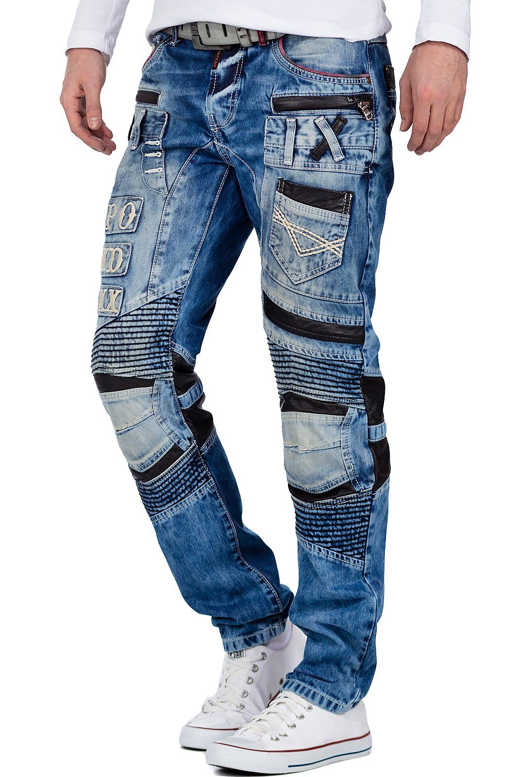 Cipo & Baxx Bikerjeans Herren Slim Fit Hose Stonewashed BA-CD637 mit Lederpatches und Nieten – Bild 3 von 5