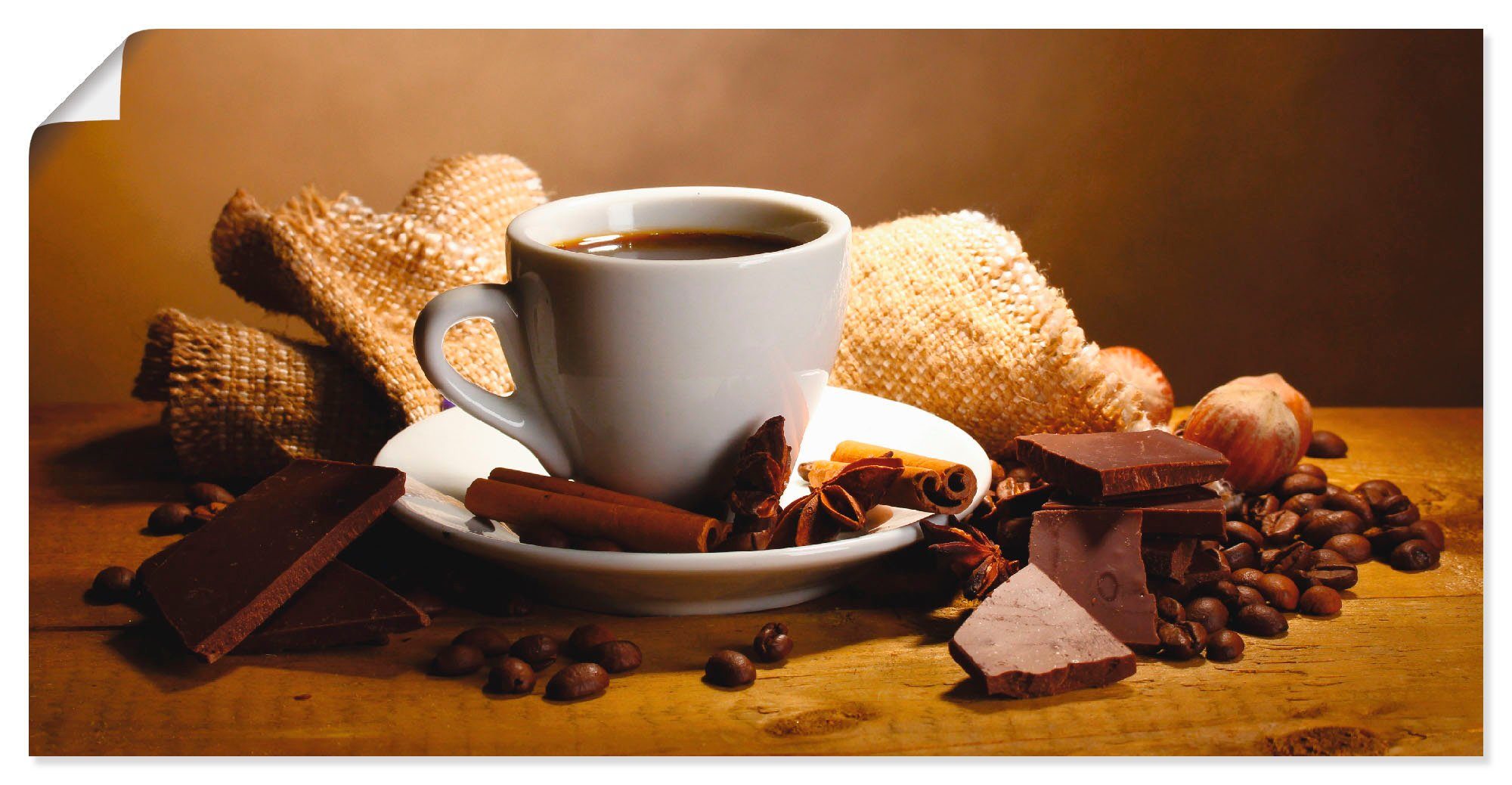 Artland Wandbild Kaffeetasse Zimtstange Nüsse Schokolade, günstig online kaufen