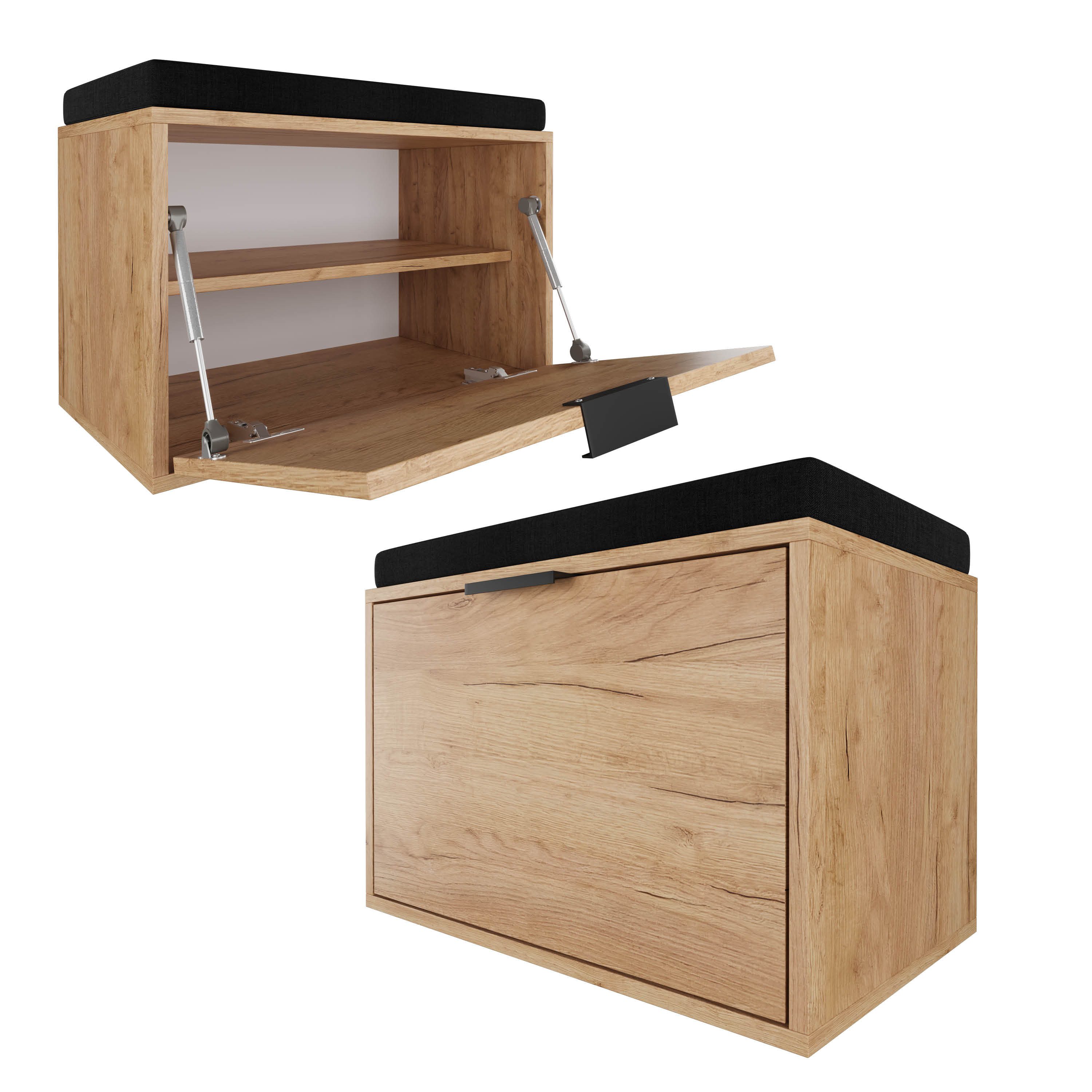 Planetmöbel Schuhbank Elyo Schuhschrank mit Sitzbank (Schuhbank mit SItzkissen, und Stauraum, 61 x 36,6 x 38 cm, Gold Eiche)