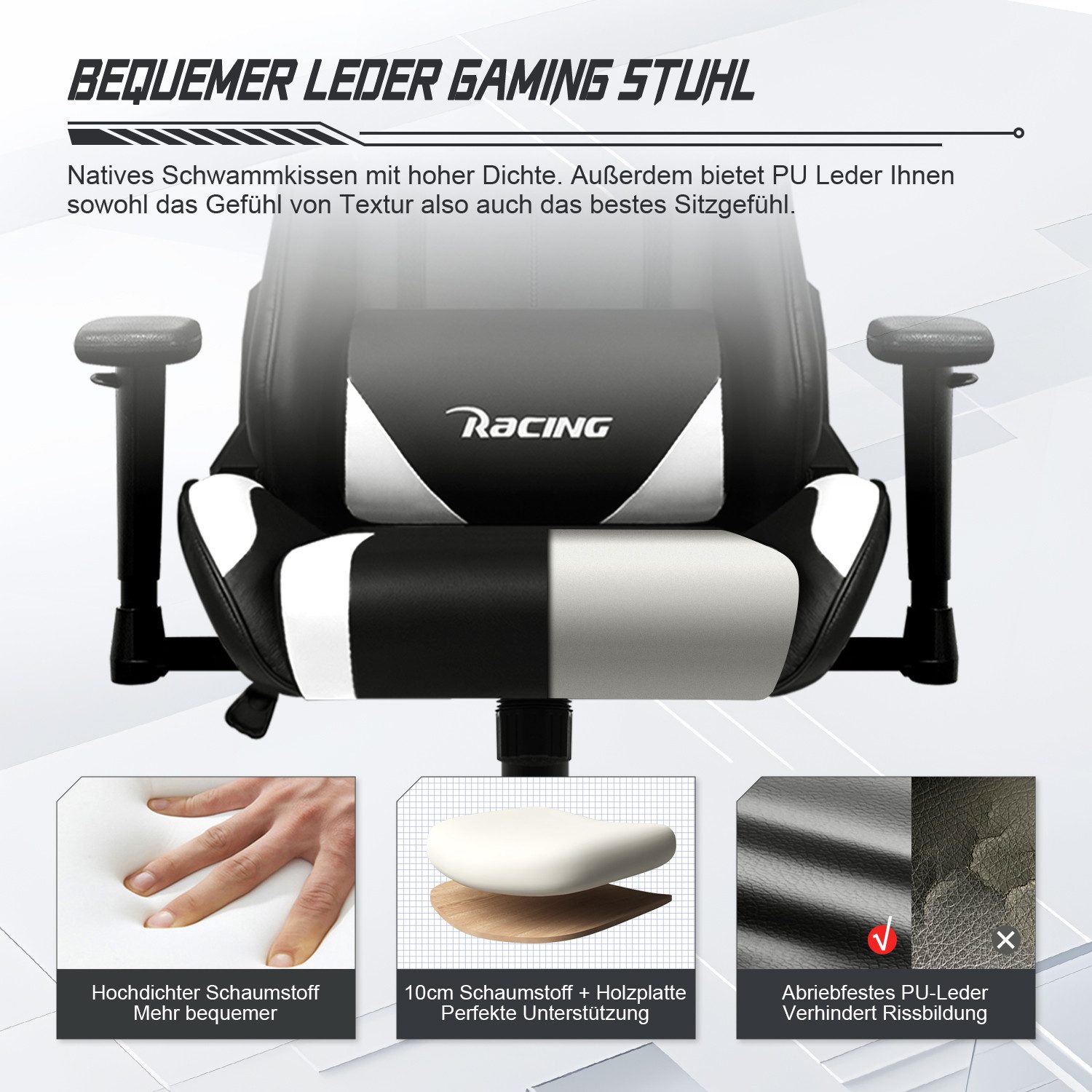 Homimaster Gaming-Stuhl Gaming Stuhl, Ergonomischer Bürostuhl,Gaming Chair mit Wippfunktion (Mit verstellbarem Lendenkissen, Kopfstütze und Armlehnen, gepolster – Bild 4 von 5
