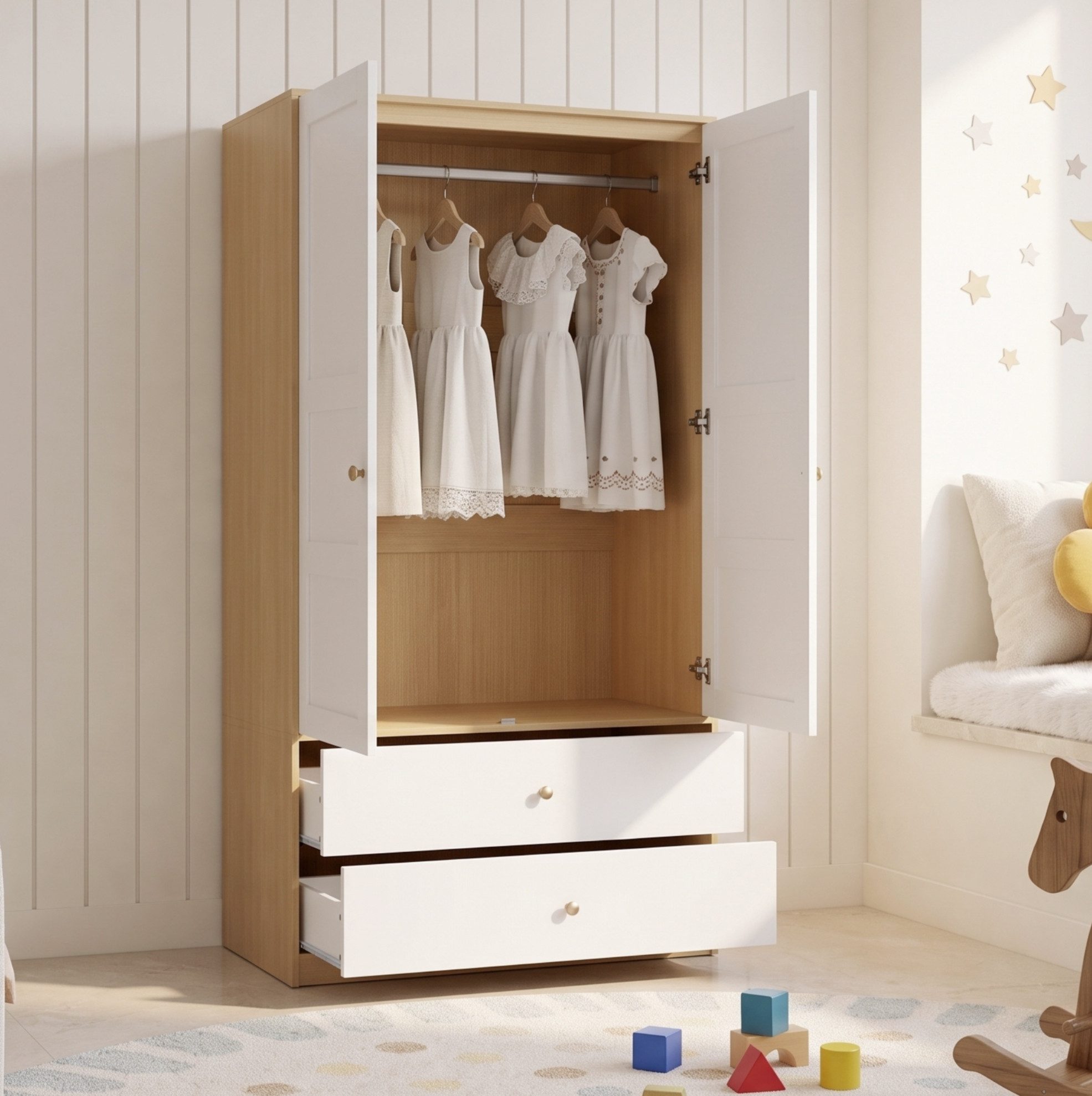 REDOM Kleiderschrank Design-Schrank – 2 Türen, 2 Schubladen & Kleiderstange (Packung, 1-St., Natur+Weiß, 100×48×180 cm, für moderne Räume) Relief-Front, Metallbeschläge, elegante Optik