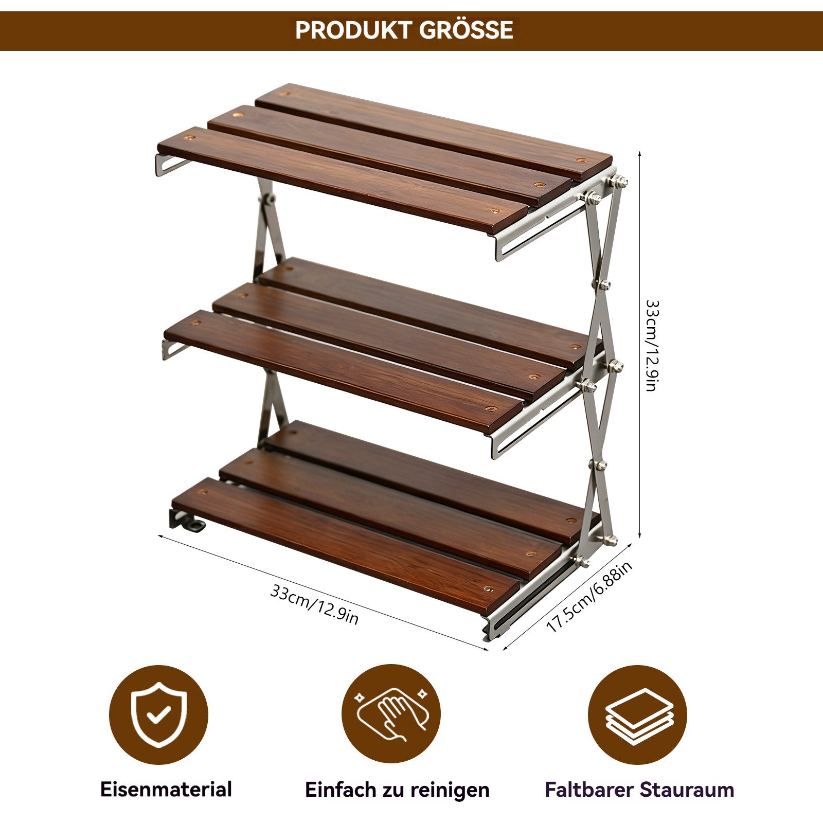BlingBin Standregal Schreibtisch Regal, Camping-Klappregal mit 3 Ablagen Walnussfarben, Schreibtisch Regal / Mehrstufiges Klappregal 1-tlg., Klapptisch Holz Metall Ablage, Für Küche Bad Wohnzimmer Büro Camping