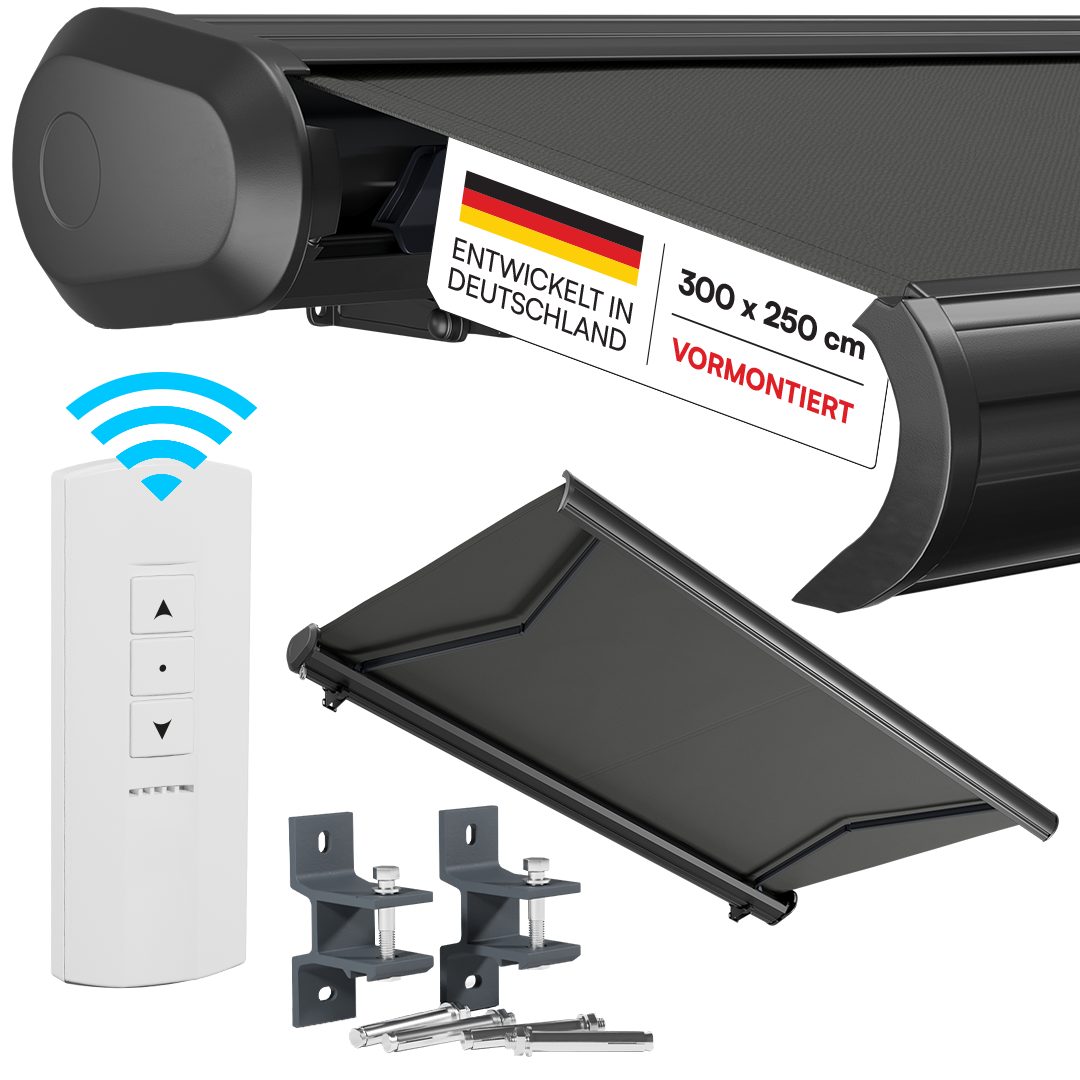 STEELSØN Kassettenmarkise Kestria, elektrische Vollkassettenmarkise vormontiert (300x250 cm) Sonnenmarkise inkl. Fernbedienung & Wandhalterung, wetterfest