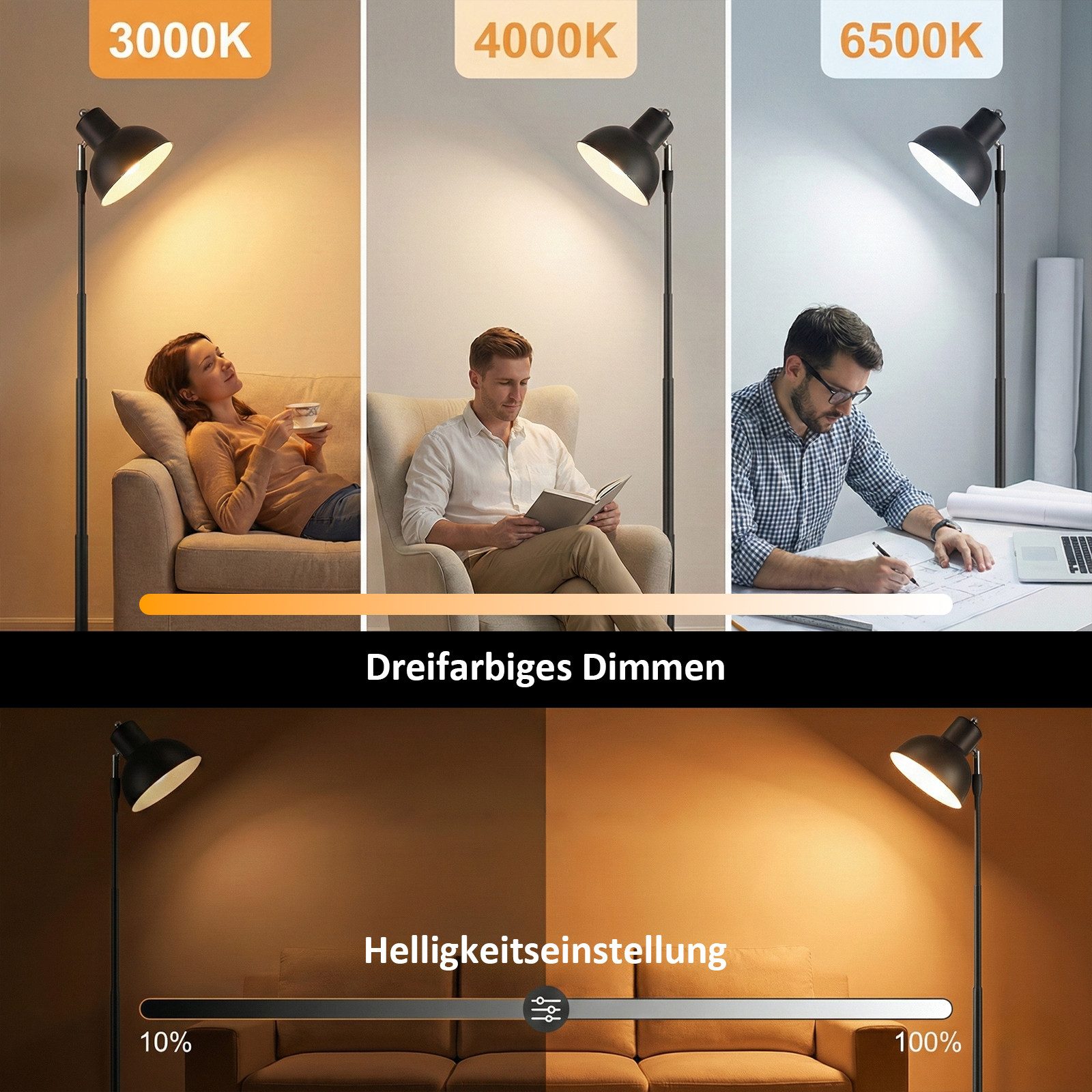 Rosnek LED Schreibtischlampe LED Stehlampe Höhenverstellbare, Dimmbare LED, 3 Farbtemperaturen, LED fest integriert, 45–145 cm, 150° drehbar, Metallfuß, für Esszimmer, Büro & Schlafzimmer