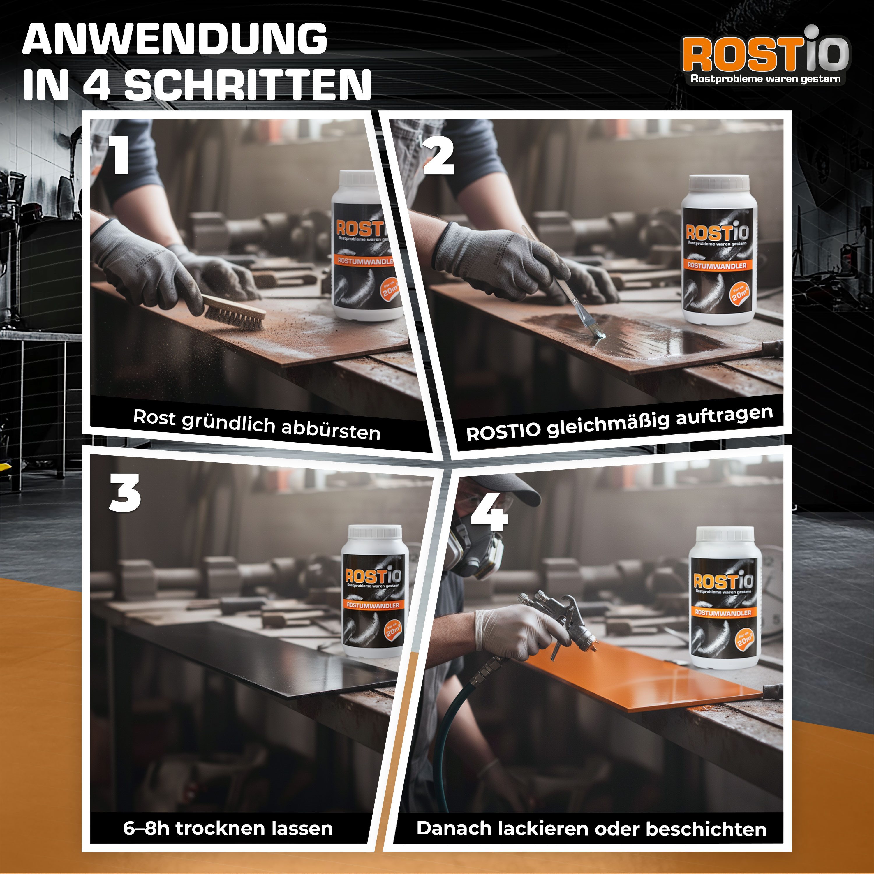 Rostio Rostumwandler 1 Liter, Rostkonverter mit Pinsel Rostentferner