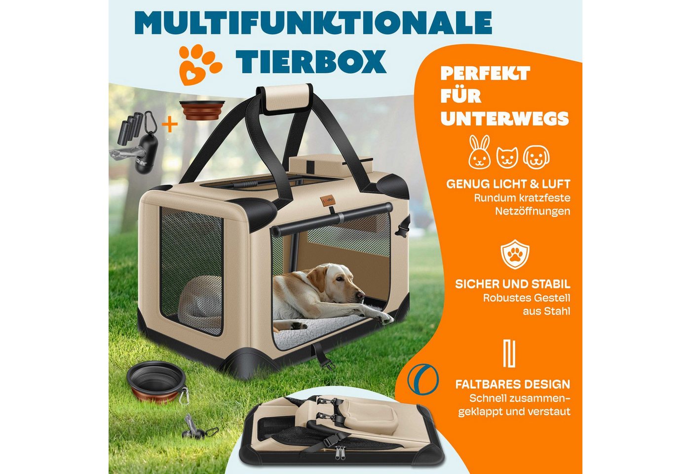 Thumbnail - Lovpet Tiertransportbox bis 7 kg, Hundebox Hundetransportbox faltbar Inkl.Hundenapf Transport