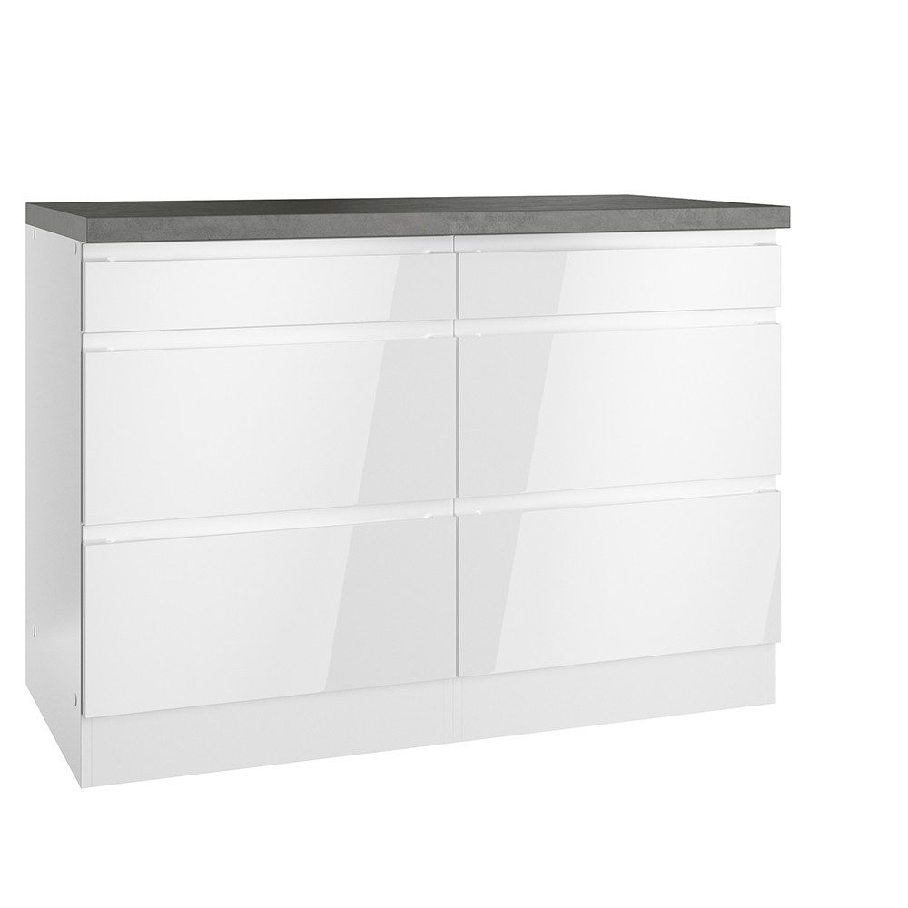 Lomadox Küchenzeile MARSEILLE-03, Unterschrank 120cm mit 6 Schubladen, weiß Hochglanz & Betonoptik