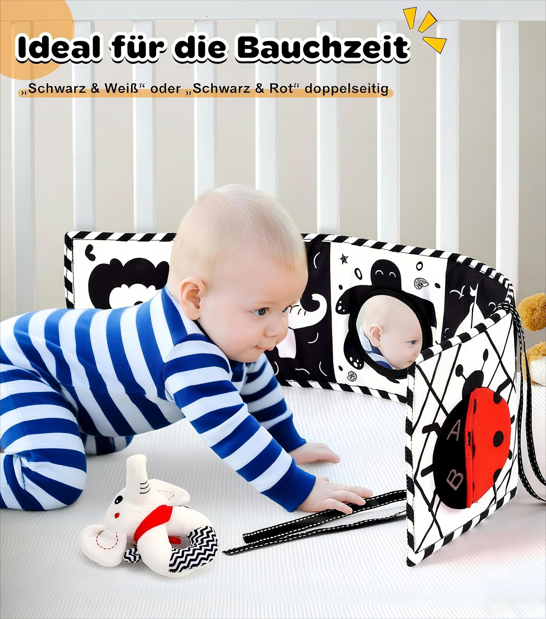 Ophy Lernspielzeug 31-teiliges Kontrastbuch-Set für Babys (0–12 Monate) (Schwarz-Weiß & Rot, Stoffbuch mit Spiegel, Kontrastkarten), ideales Geschenk für Neugeborene