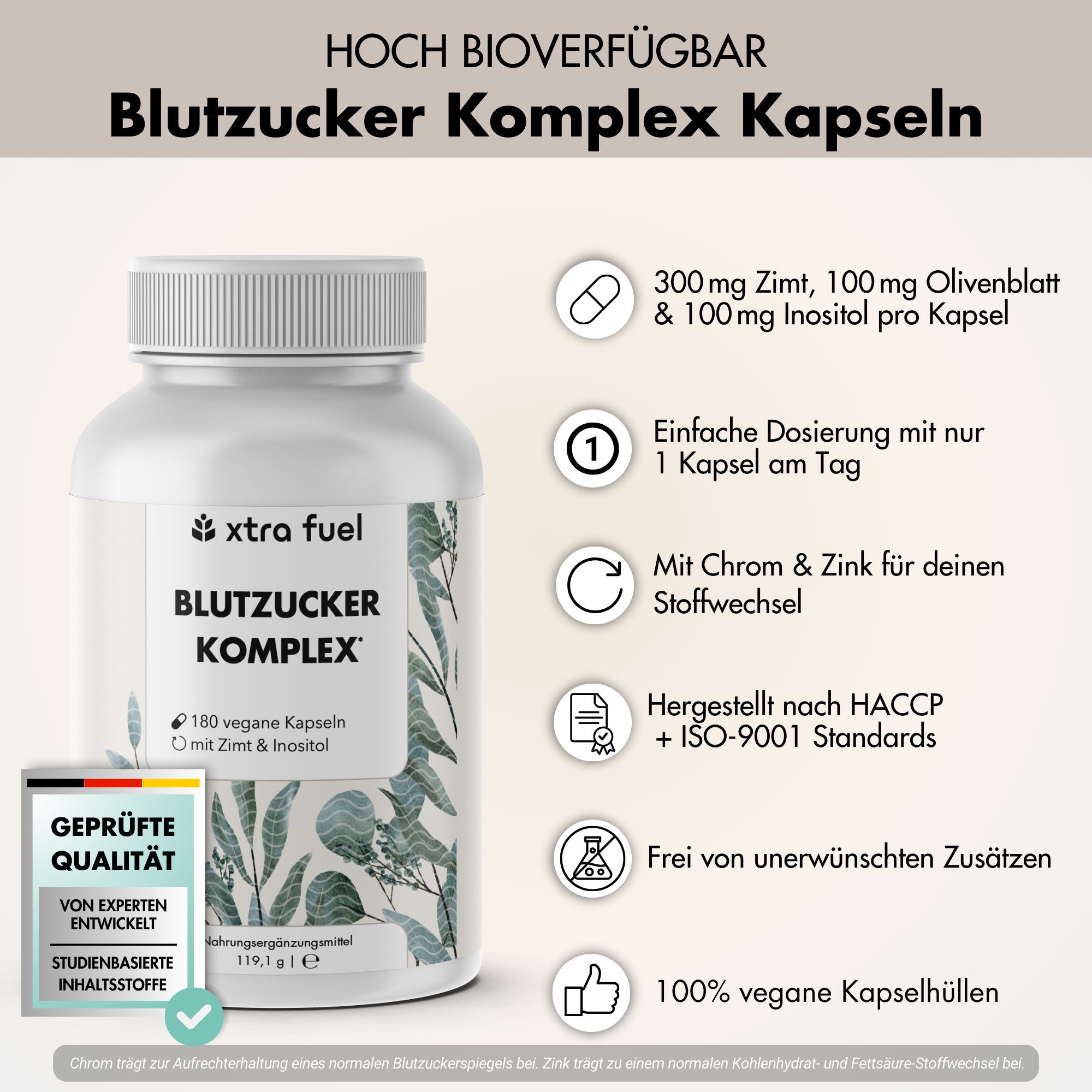 XTRA FUEL Blutzucker Komplex* mit Ceylon-Zimt, Inositol & Olivenblatt Kapsel, 119,1 g