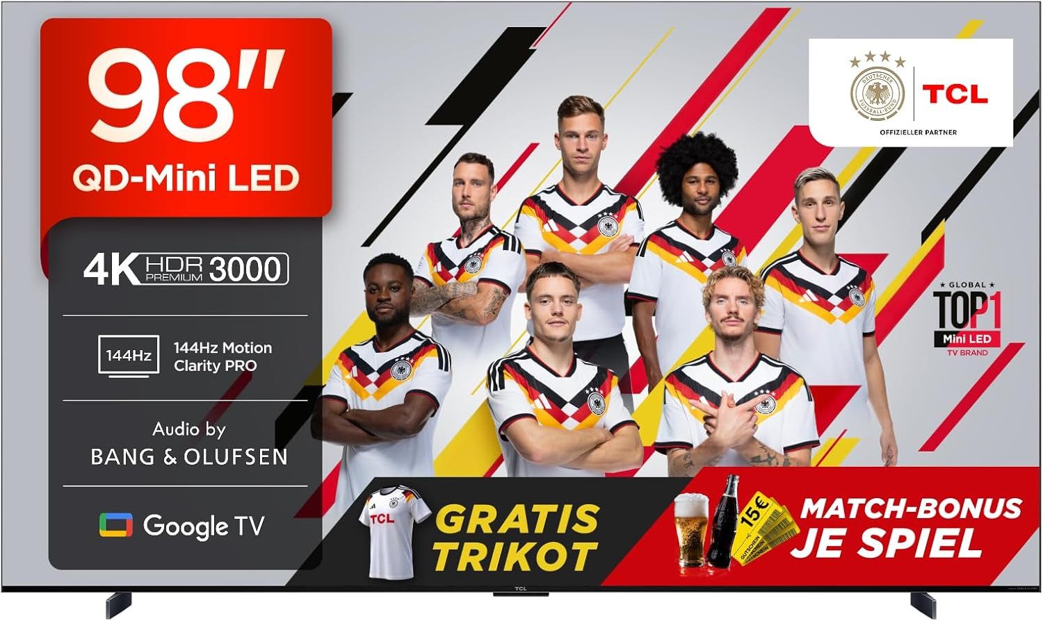 TCL 98Q7CX7 Mini-LED-Fernseher (248 cm/98 Zoll, 4K Ultra HD, Smart-TV, Google TV, Audio von Bang & Olufsen, Dolby Vision, Smart TV, Apple TV, 4K HDR)