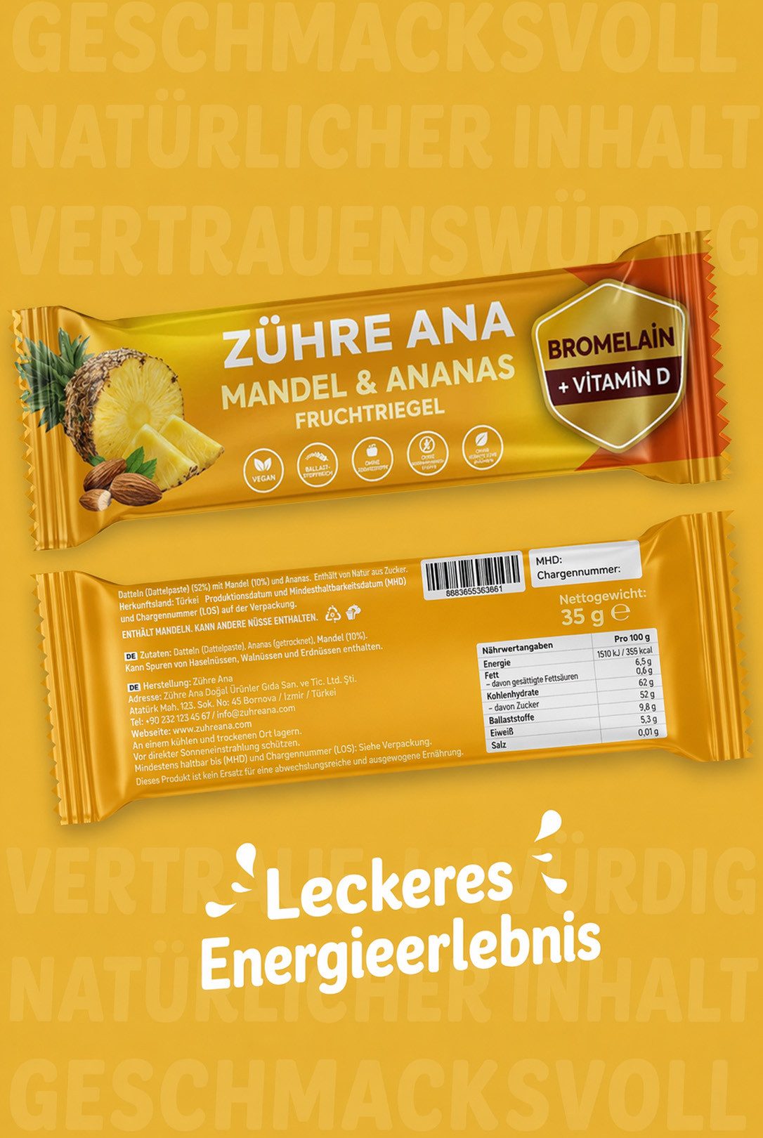 Zühre Ana® Riegel Fruchtriegel mit Mandel und Ananas Riegel 12x – Vegan, Zuckerfrei, 420 g, Leckerer Snack mit Bromelain und Vitamin D, 35gr x 12 Stück