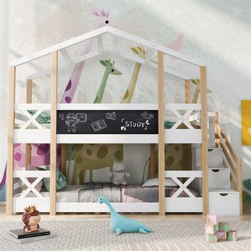 autolock Etagenbett Kinderbett Baumhaus mit Speicherung und Rausfallschutz 90 x 200 cm, Hochbett für Kinder– 2x Lattenrost- Natur & Weiß