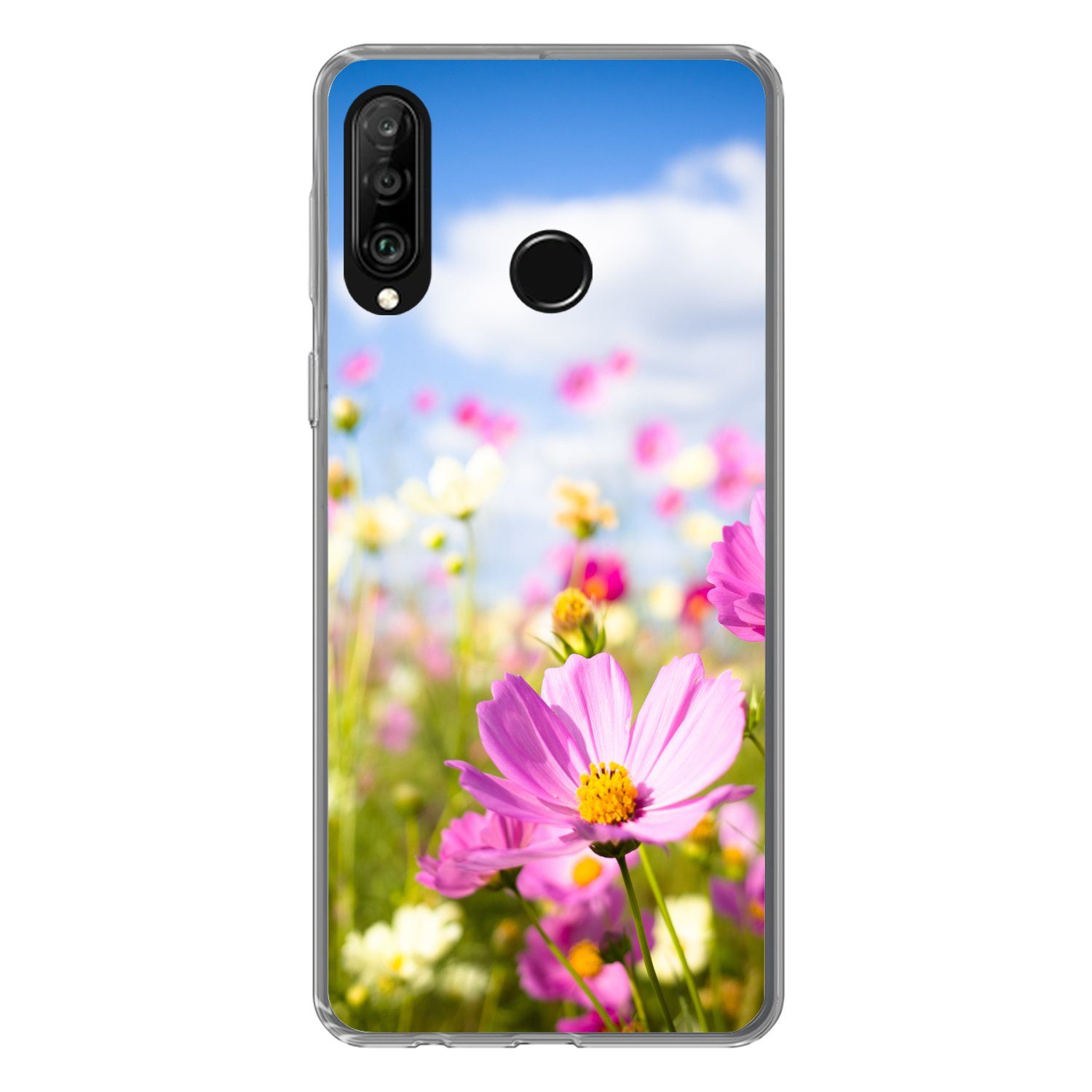 MuchoWow Handyhülle für Huawei P30 Lite Blumen - Wiese - Lila - Gras - Weiß - Wolken - Bla, Handy Case, Silikon, Bumper Case Dünn