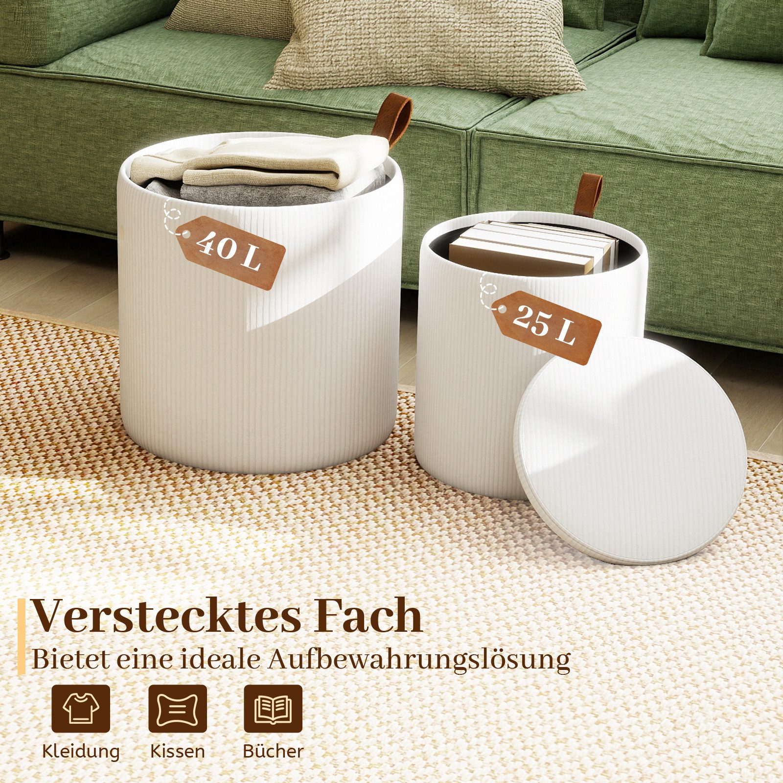 COSTWAY Sitzhocker (2 St), mit Stauraum 25L / 40L Schminkhocker gepolstert rund