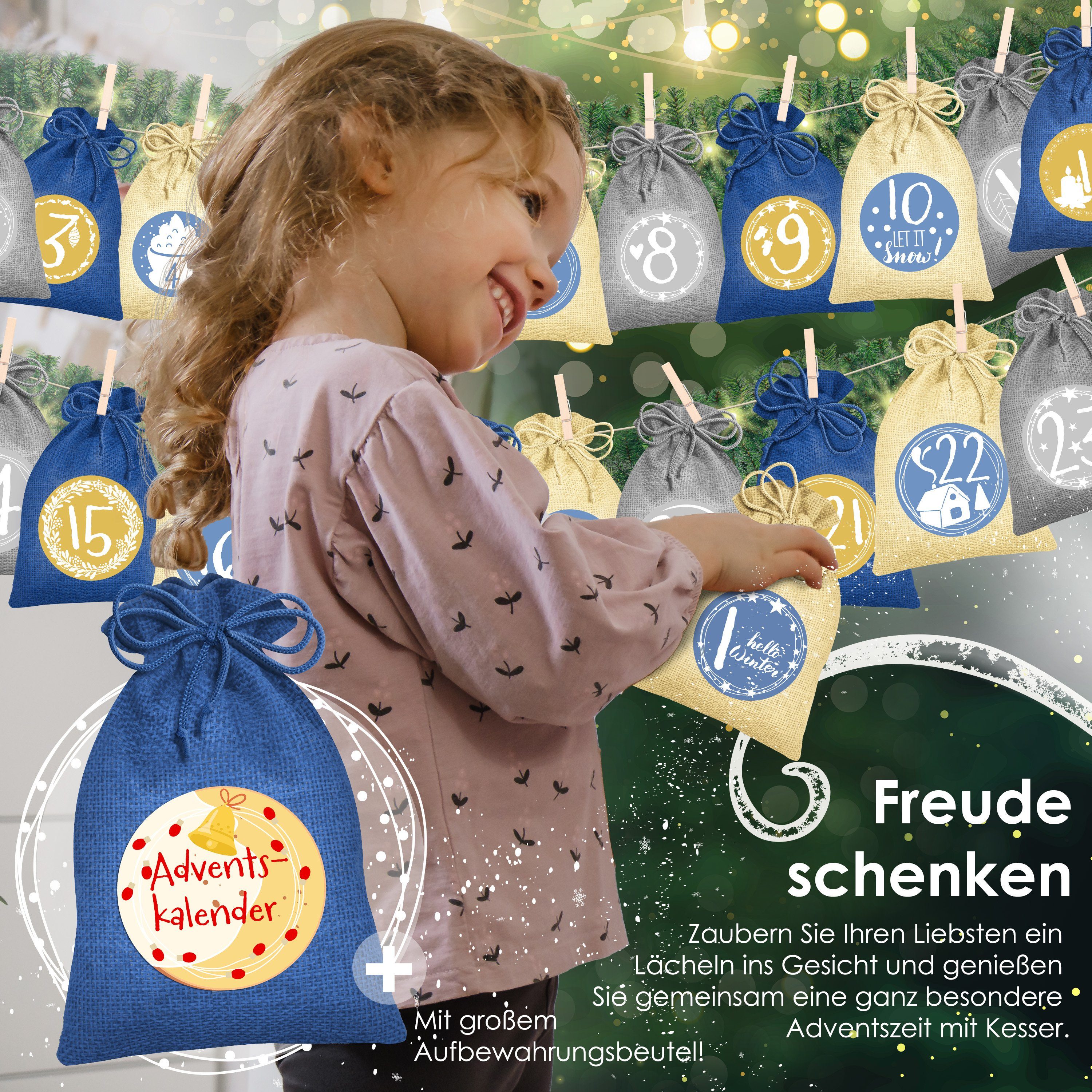 gedruckt KESSER Stoffbezug 24 Blau Adventskalender, Adventskalender Befüllen 16x12cm zum Jutebeutel -