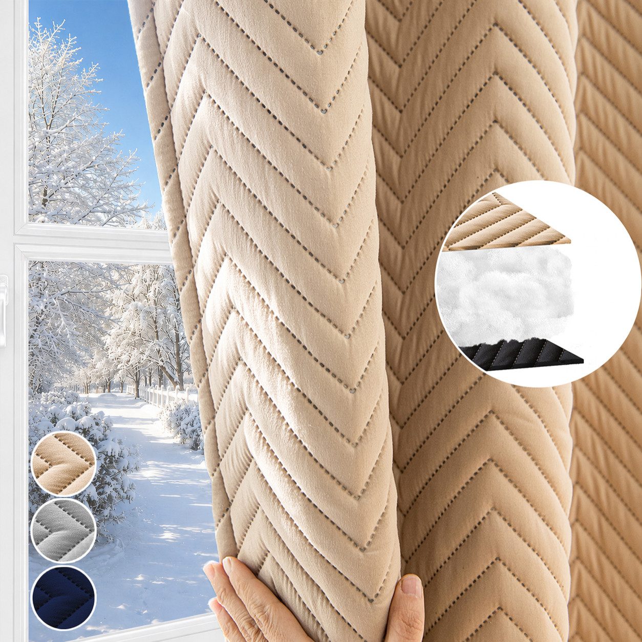 LMaxhome Verdunkelungsvorhang Thermovorhang 370 g/m² Verdunkelungsvorhang mit Multifunktionsband (1 St), Schwerer Vorhang mit 3-Lagen-Aufbau, Chevron-Steppung und Baumwollkern