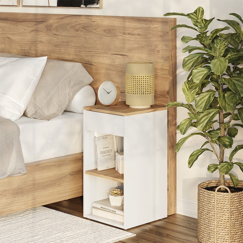 Vicco Nachtschrank Dany, Weiß/Goldkraft Eiche/Goldkraft Eiche, 35 x 65 cm mit 1 Schub... (1-St)