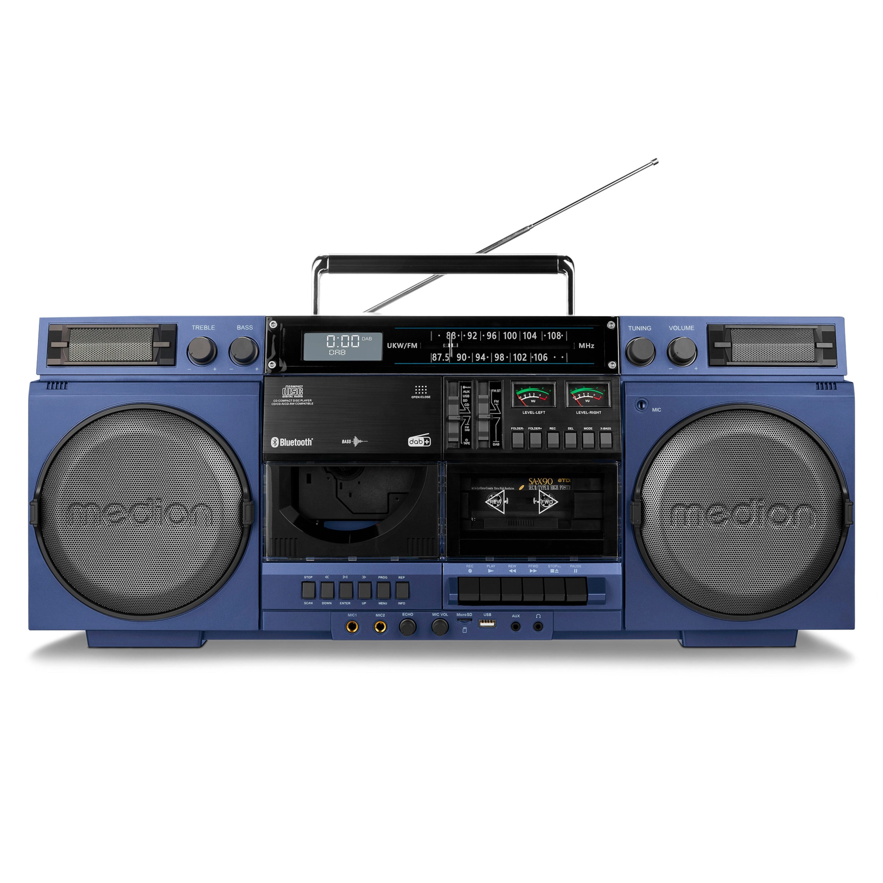 Medion® Audio-System Retro Boombox LIFE® P66538 (MD44538) (20 W, Bluetooth, 80er, groß, USB, SD, CD, Kassetten, MC, DAB+ Radio, Bluetooth)
