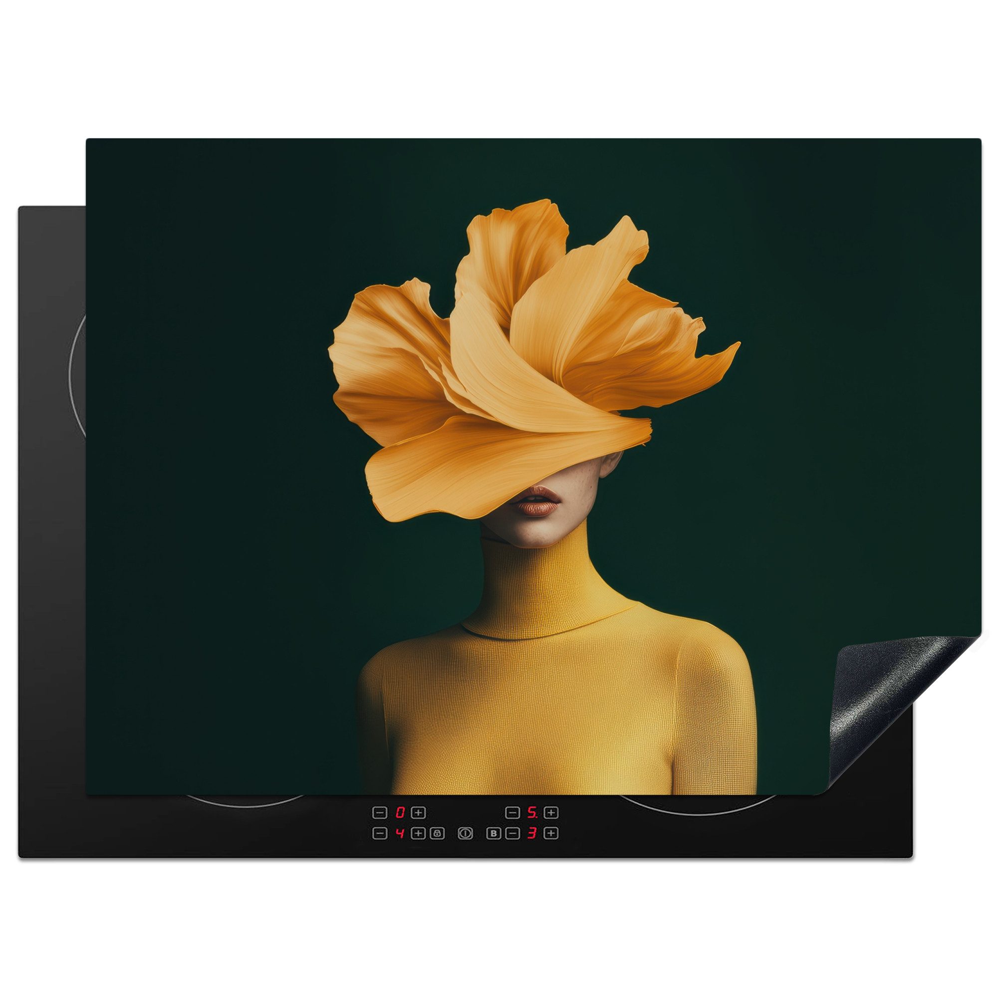 MuchoWow Herd-Abdeckplatte Frau - Hut - Gelb, Vinyl, (1 tlg), Herdplattenabdeckung für Ceranfeld, Herdplatten Vinyl, 71x52 cm