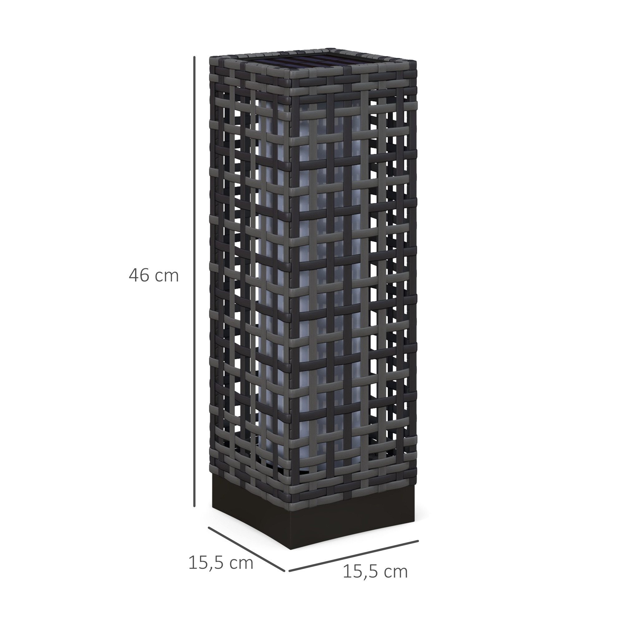 Outsunny LED Solarleuchte Rattan Solarlampe, Wasserdichte Wegleuchte mit Lichtsensor, Solarbetrieben, Lichtsensor, Wasserdicht, LED, Weiß, Stahl, Grau, 15,5 x 15,5 x 46 cm