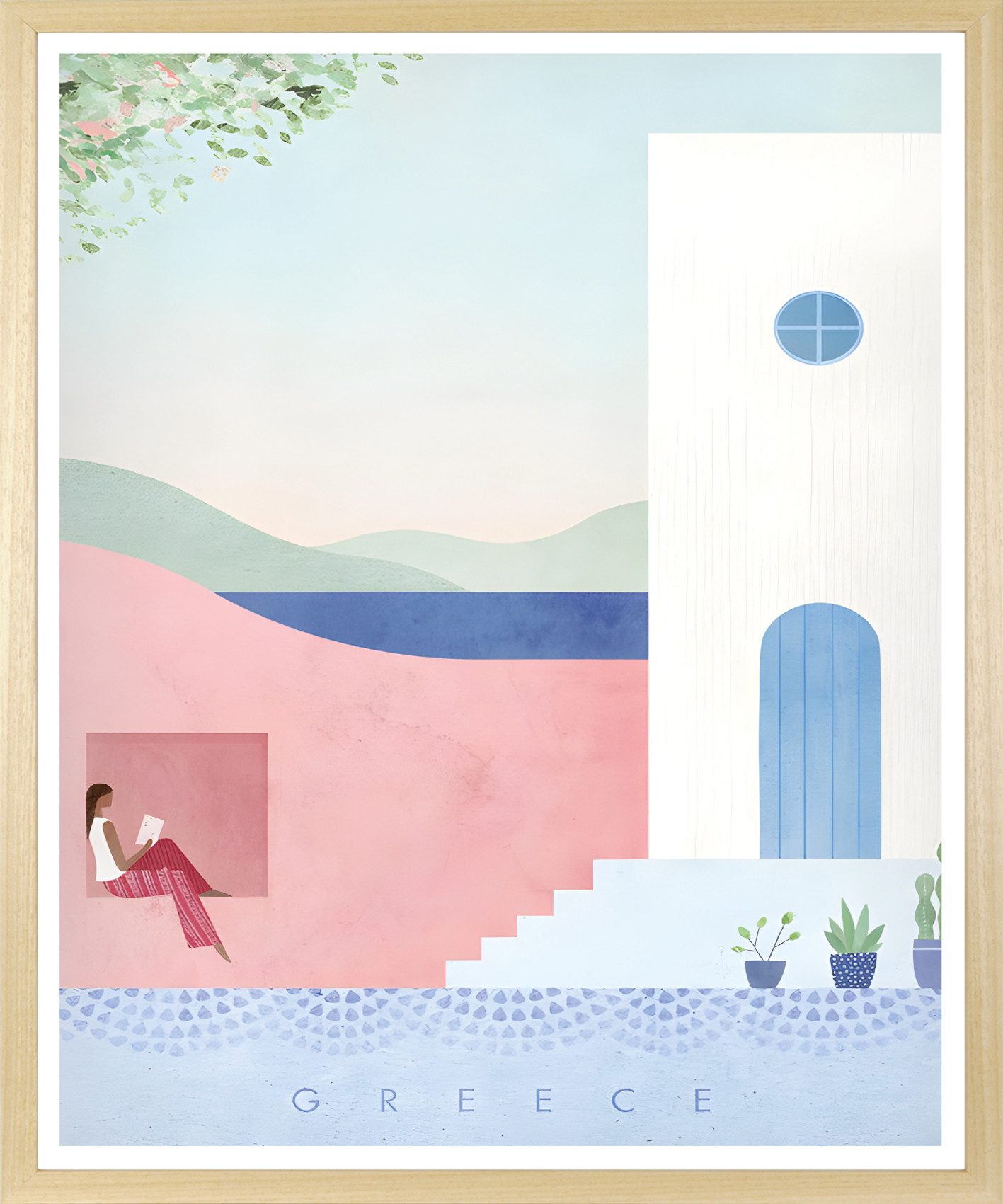 queence Bild mit Rahmen Zeichnung aus Santorini, Bilder von Europa, Bilder von Frauen, Elemente der Architektur, Fenster & Türen, Garten, Gartenbilder, Gebäude, Gemälde, Gewässer, Griechenland, Kunst (1 St), Kunstdruck in Pastell mit einem Echtholzrahmen