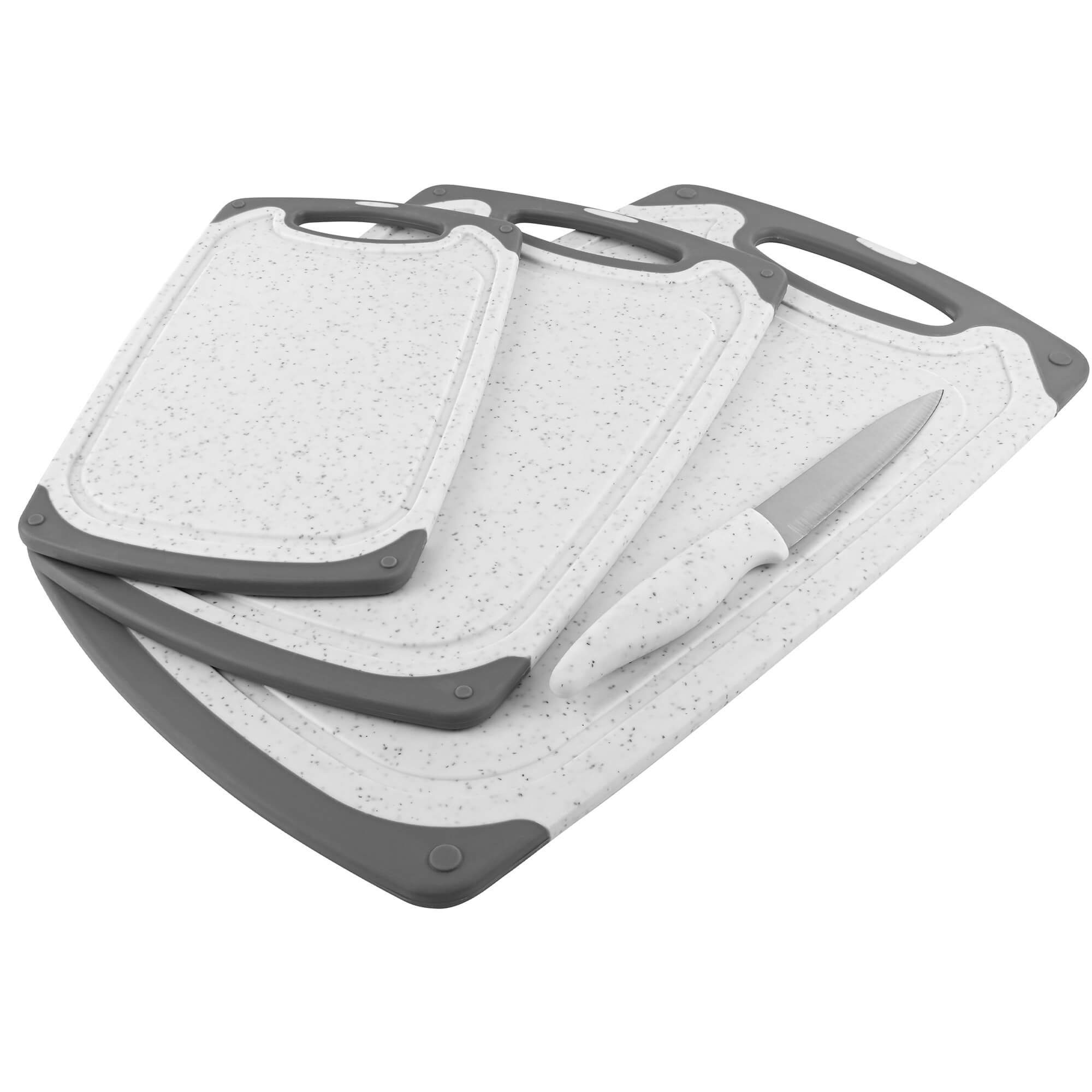 GRÄWE Schneidebrett Schneidebrett-Set, 4-teilig, inkl. Messer, Granit-Look