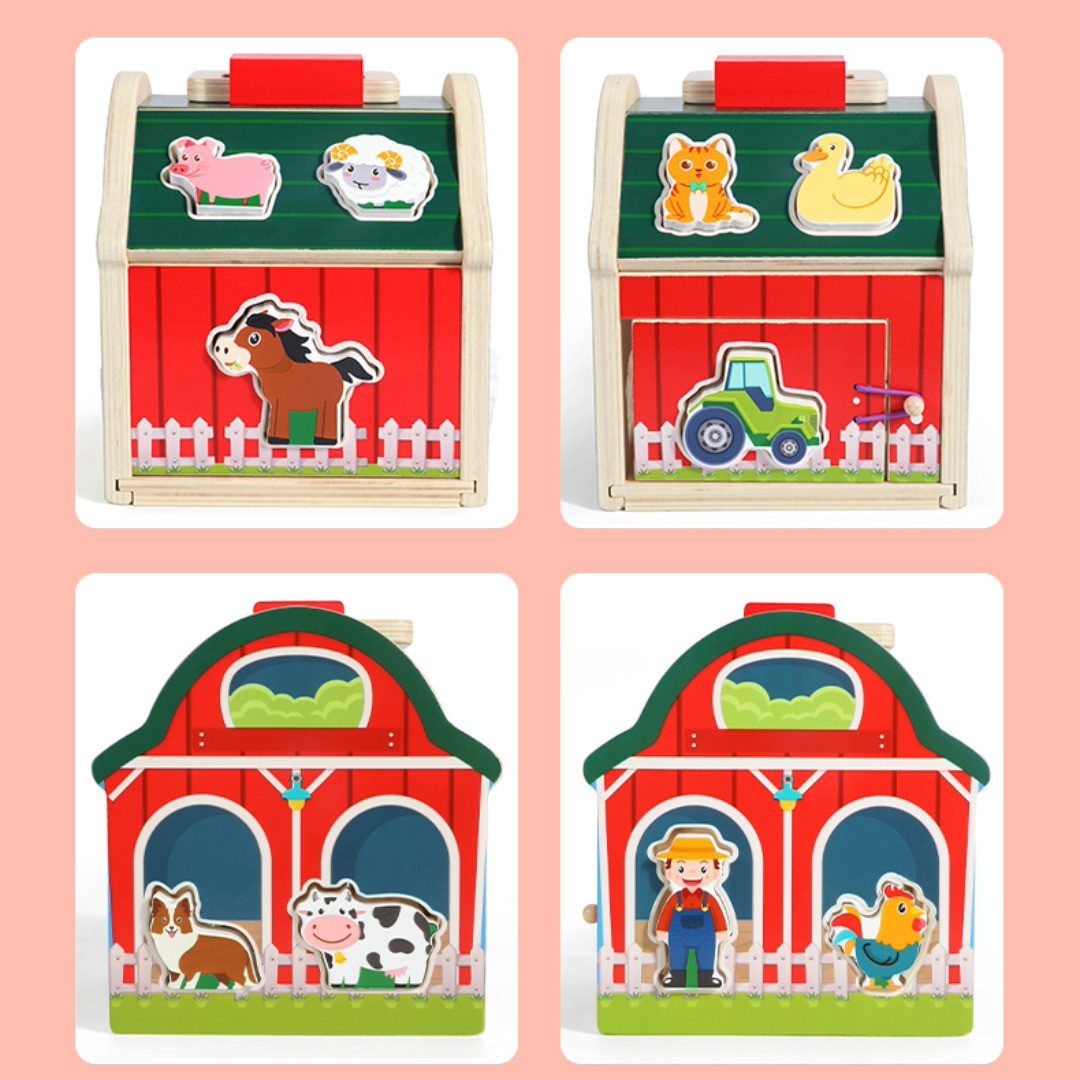 White Fox Studio Steckspielzeug Holz Steckhaus Bauernhof, Montessori Sortierspiel Kinder bis 3 Jahren, (Tiere), Hand-Auge-Koordination, Feinmotorik
