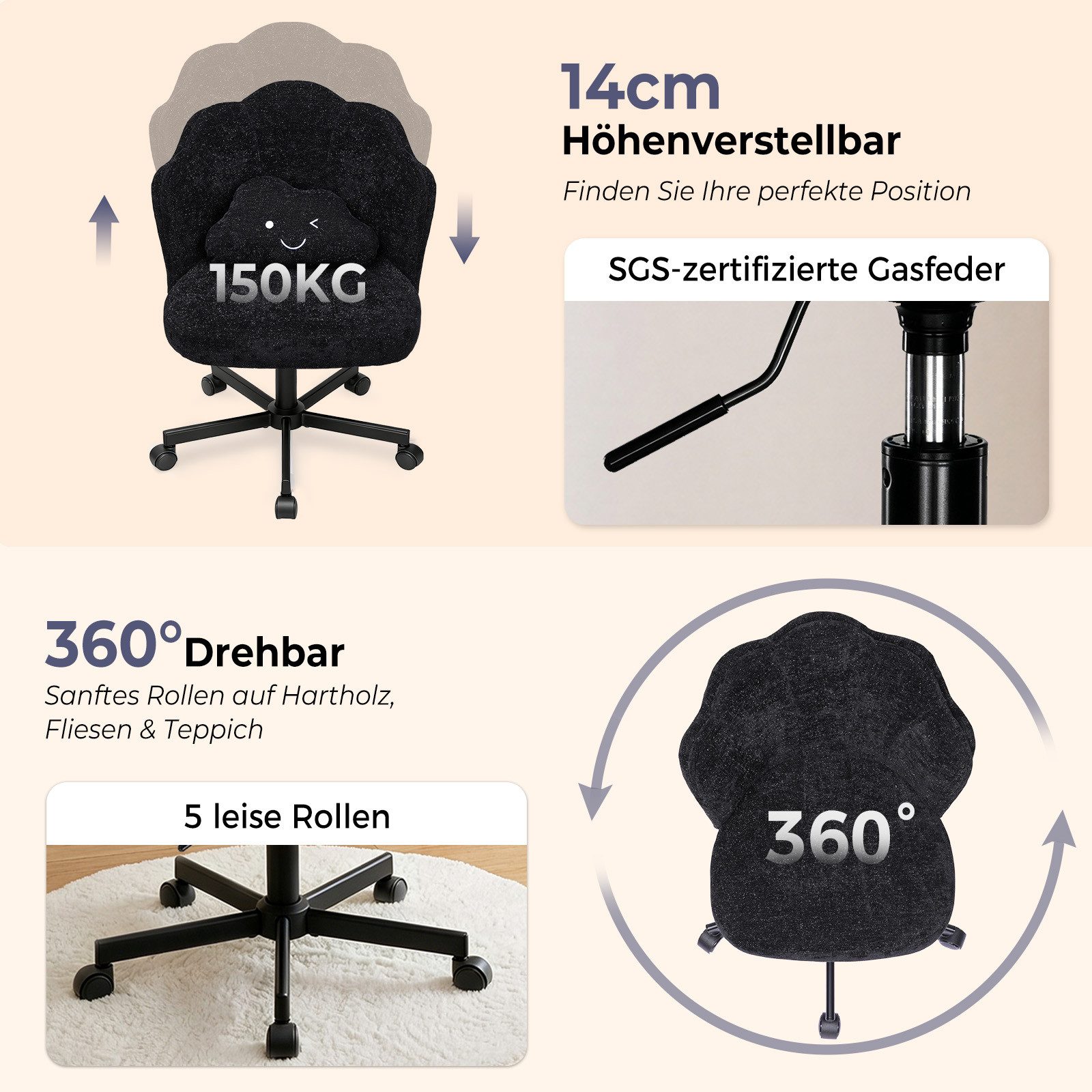COMHOMA Bürostuhl Schminkstuhl Homeoffice Stuhl, Schreibtischstuhl Drehstuhl mit Rrollen, höhenverstellbar,für Schminktisch,Arbeitszimmer, Schlafzimmer,150kg – Bild 5 von 5