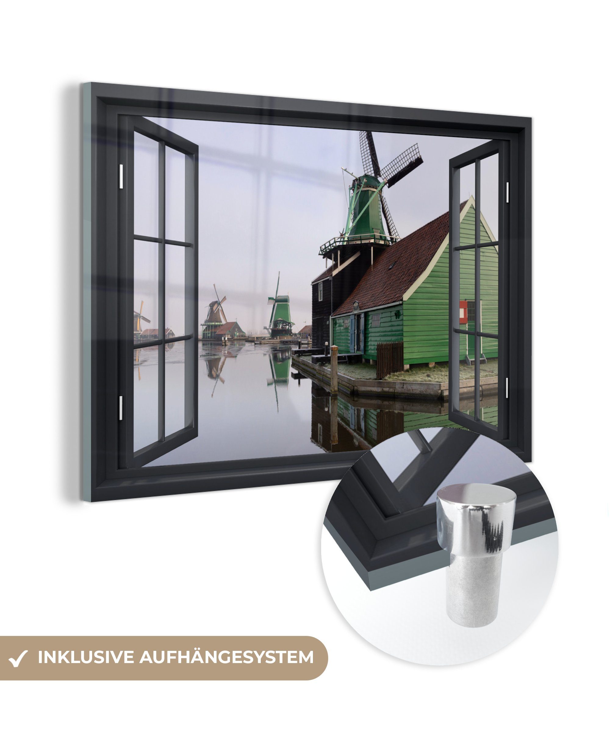 Mühle - Wandbild - Grün, St), Bilder Aussicht - Glas (1 auf Glas - MuchoWow Wanddekoration Foto - Glasbilder auf Acrylglasbild