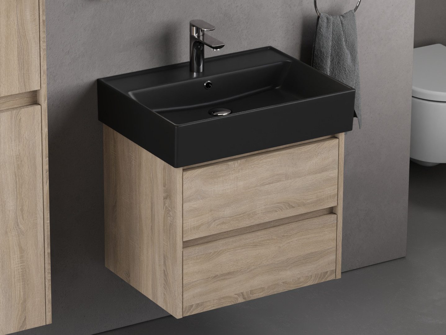 Aqua Bagno Badmöbel-Set mit Waschbecken, 60cm, Badschrank vormontiert, Keramik, (1-St., Unterschrank mit Мебельwaschtisch mit Überlauf), Zwei Vollauszugschubladen mit Softclose Funktion