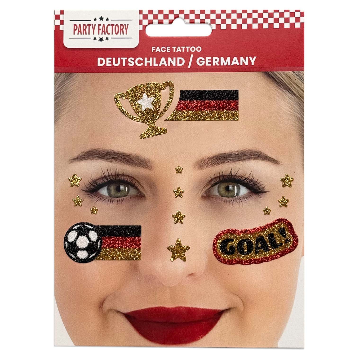 Party Factory Strass-Tattoo Fußball WM Glitter Face Tattoo Fußball Frau Fußballparty Gesichstattoo, mit Glitzerelementen und Strass-Steinchen je nach Wahl