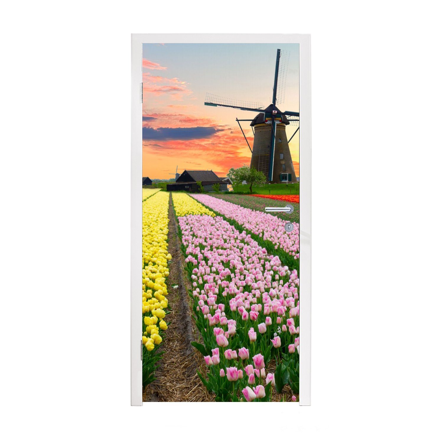 MuchoWow Türtapete Windmühle - Tulpen - Blumen - Niederlande, Matt, bedruckt, (1 St), Fototapete für Tür, Türaufkleber, 75x205 cm