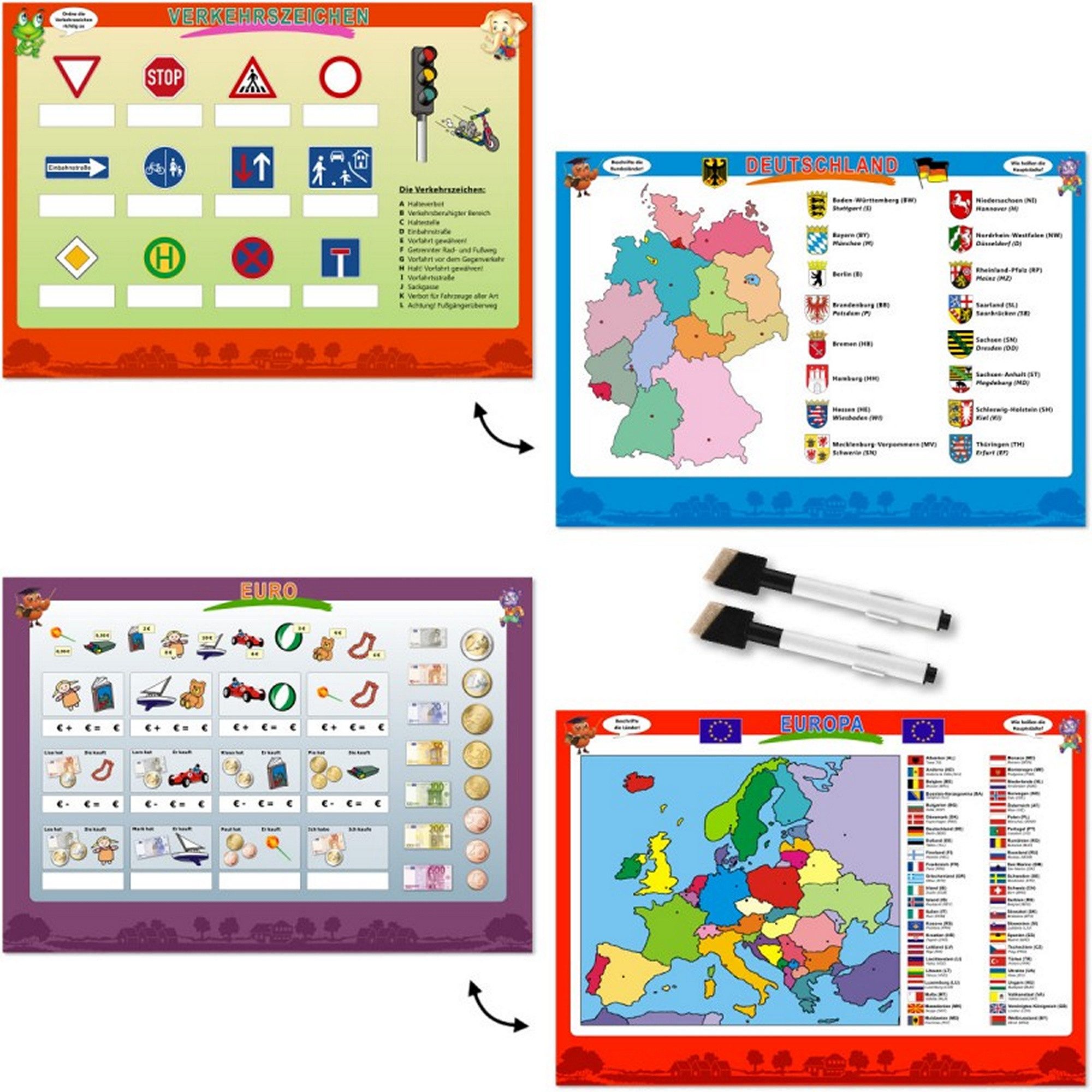 MW Handel Folienstift 4tlg. Lerntafel-Set DIN A3 / 2 Lerntafeln + 2 Foilienschreiber / Landk