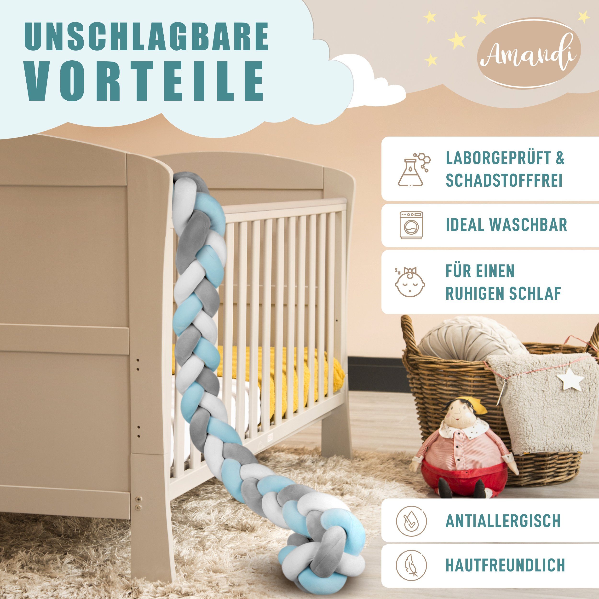 Amandi Bettnestchen - Bettschlange - 2m Bettumrandung fürs Babybett - laborgeprüft, - Babynest geflochten - Sichere Bettumrandung