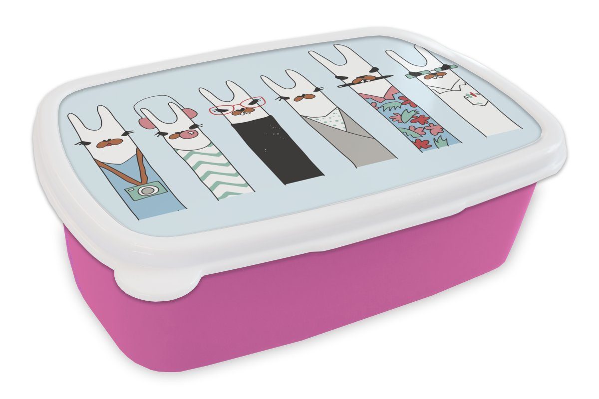 MuchoWow Lunchbox Lama - Berufe - Zeichnung, Kunststoff, (2-tlg), Brotbox für Erwachsene, Brotdose Kinder, Snackbox, Mädchen, Kunststoff rosa